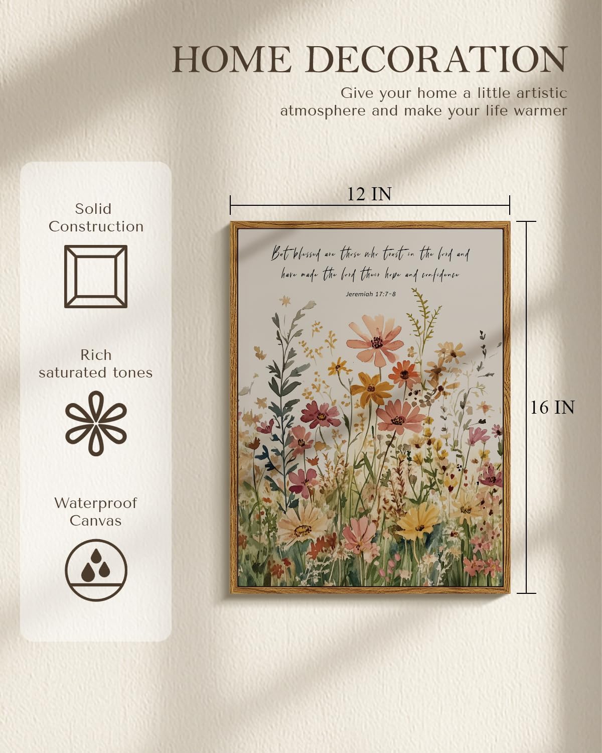 Vintage Inspirational Bible Quote Wildflowers Wall Art, Jeremiah 17:7-8 Christian Scripture Framed Canvas Print 12x16, Rustic Watercolor Floral Design Religious Decor for Bedroom Farmhouse