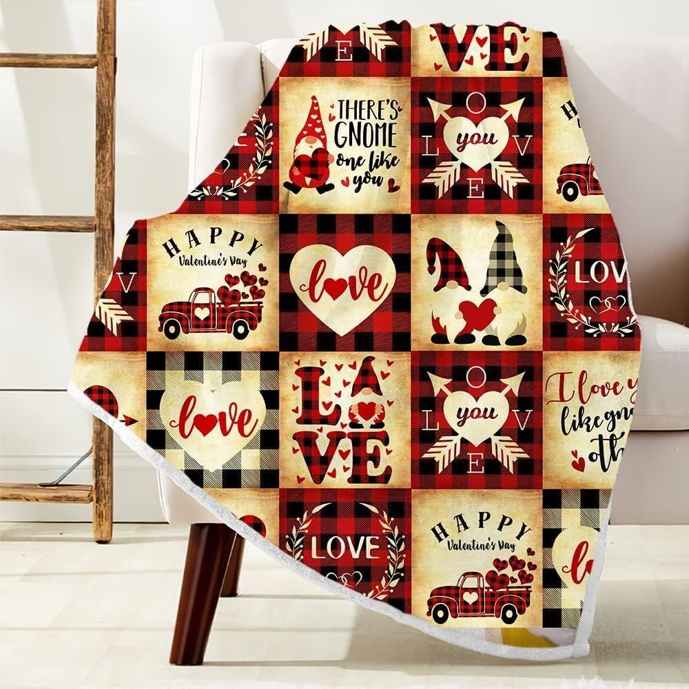 Happy Valentine's Day Throw Blanket, Buffalo Check Plaid Red Truck Gnomes Couples Lovers Lunch Rest Blanket, Cupid Sword Sweet Heart Blankets for Bed Couch Sofa 50X60IN