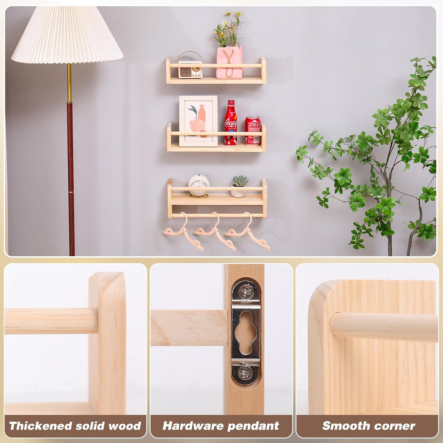 Wall mounted multifunctional storage rack, natural pine kindergarten bookshelf, furniture decoration rack, children's room floating bookshelf, bathroom, kitchen seasoning bracket (3-piece set)