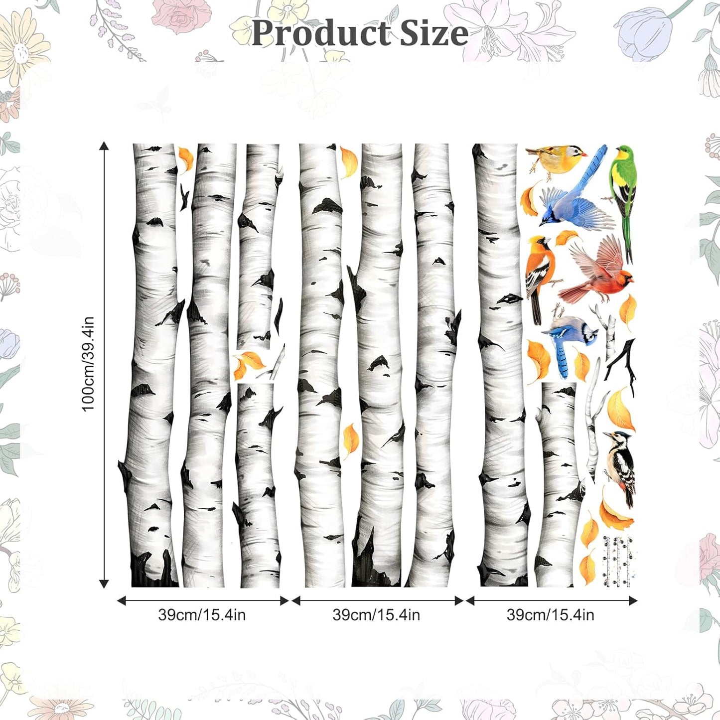 Tall Birch Tree Wall Decals – White Realistic Aspen Trunk Stickers for Aisle Bedroom Office Sofa TV Backdrop, Removable Peel and Stick Decal, Easy DIY Home Décor (3 Trees, H94.5)