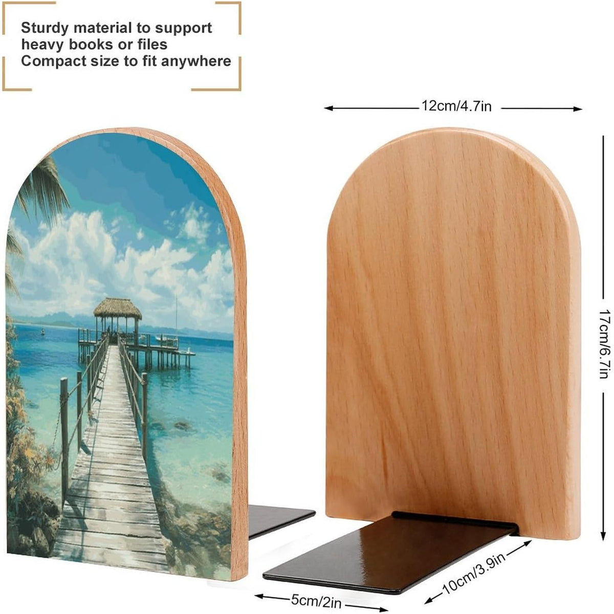 Tropical Pier Wooden Bookend Non-Slip Book Ends Heavy Duty Book Stopper with Metal Base Books Holderd Decorative Bookends Stands Firmly for Office Supplies