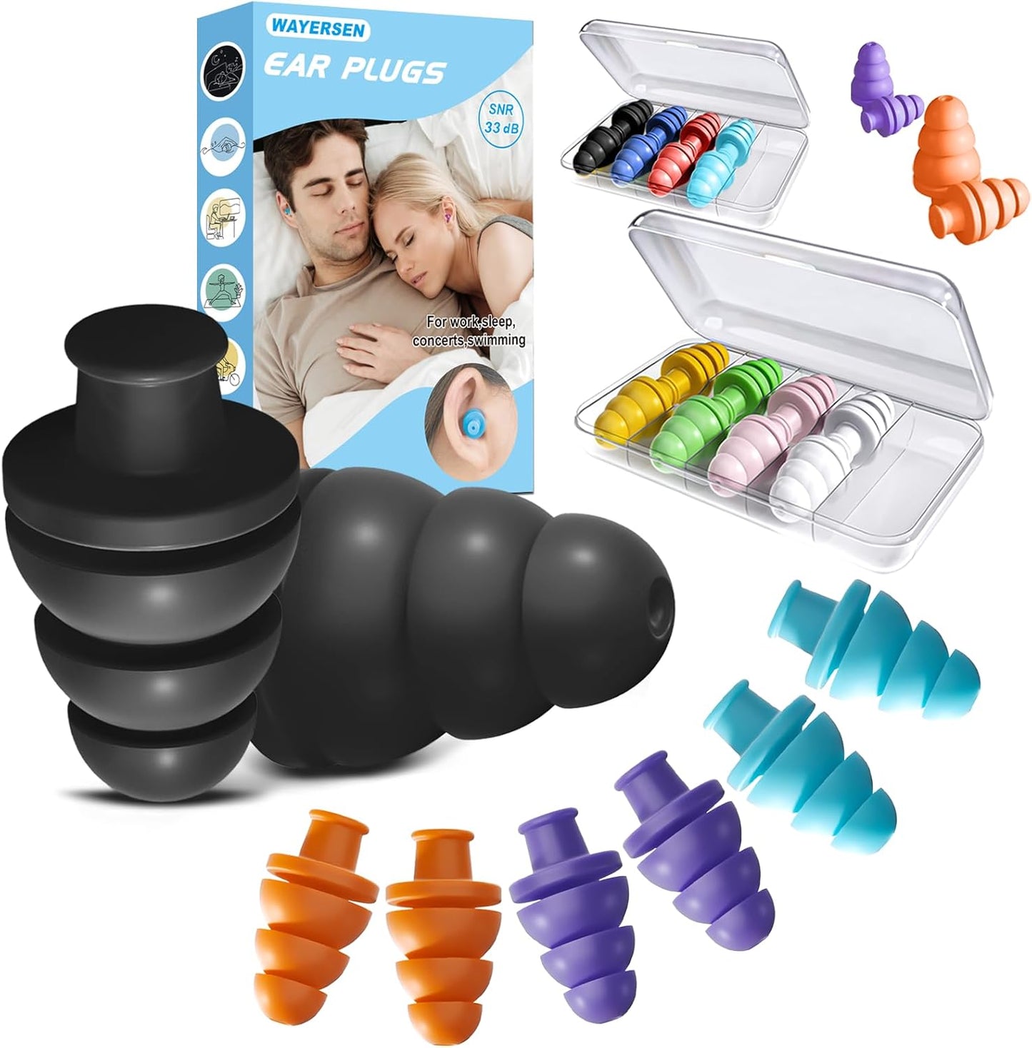 Ear Plugs for Sleeping Noise Cancelling, 10 Pairs Reusable Earplugs for Sleeping, Concert, Snoring, Travel, Work, 10 Colors, 33dB SNR