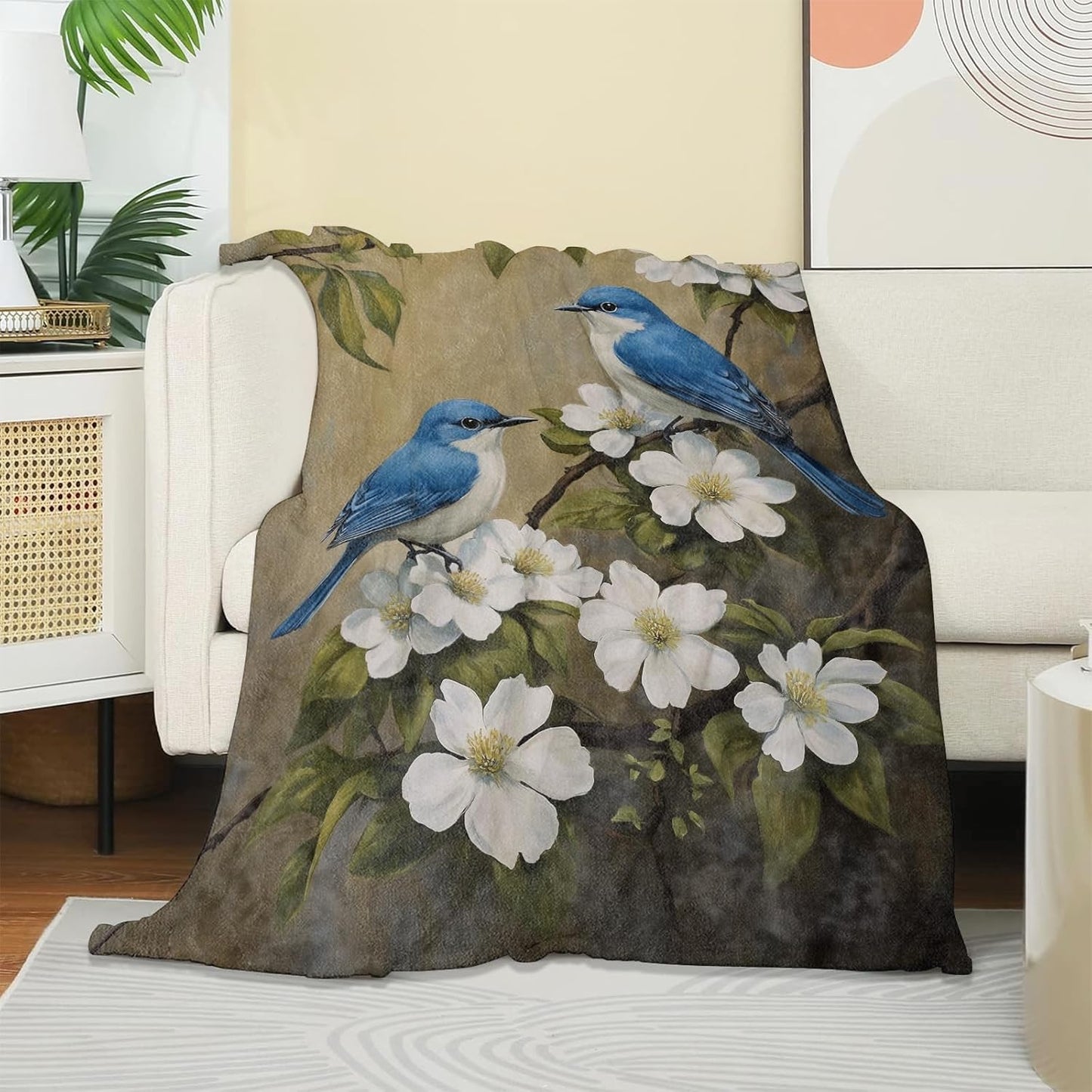 Cute Blue Bird Blanket, Soft Warm Cozy Peaceful Floral Birds Throw Blanket Gifts for Adults Kids Women, Lightweight Fuzzy Comfy Flannel Blankets for Couch, Travel, Bed, House Decor 60×50 Inch