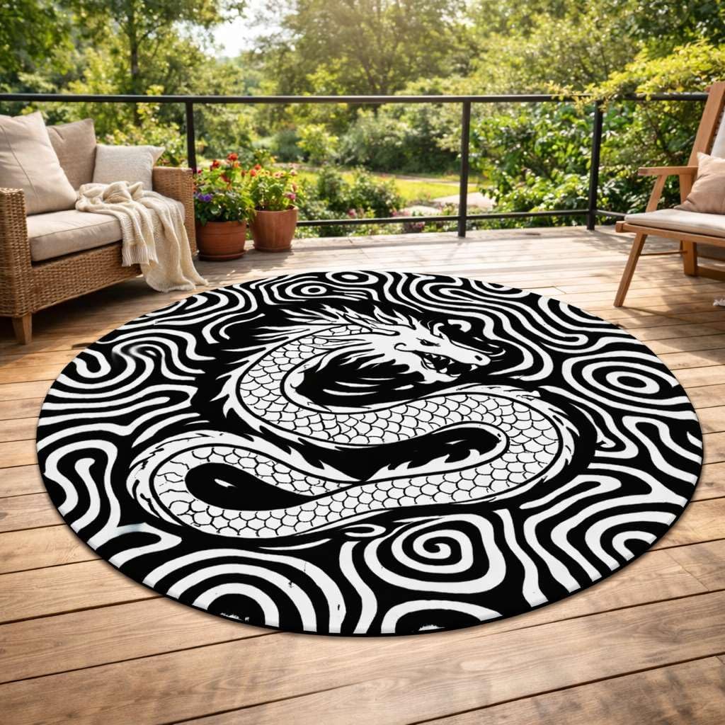 Round Dragon Area Rug Black White New Zealand Wool Hand Tufted Decorative Floor Carpet Abstract Graphic Design Living Room Bedroom Balcony Indoor Outdoor Accent Mat -6" (Round)
