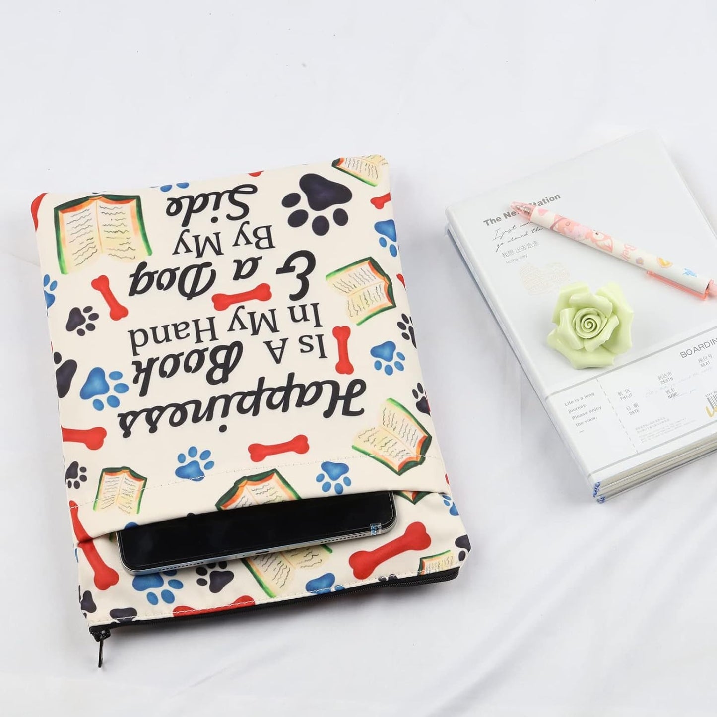 Book Lover Book Sleeve Dog Lover Gift Happiness is A Book in My Hand & a Dog by My Side Book Protector for Animal Lover (Happiness-B)