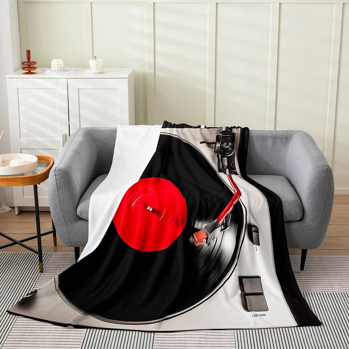 Erosebridal Vinyl Record Fleece Blanket 40x50,Red and Black Music Player Throw Blanket for Kids Child,Modern Musical Rhythm Sherpa Blanket,Vintage Country Style Flannel Blanket Soft Warm