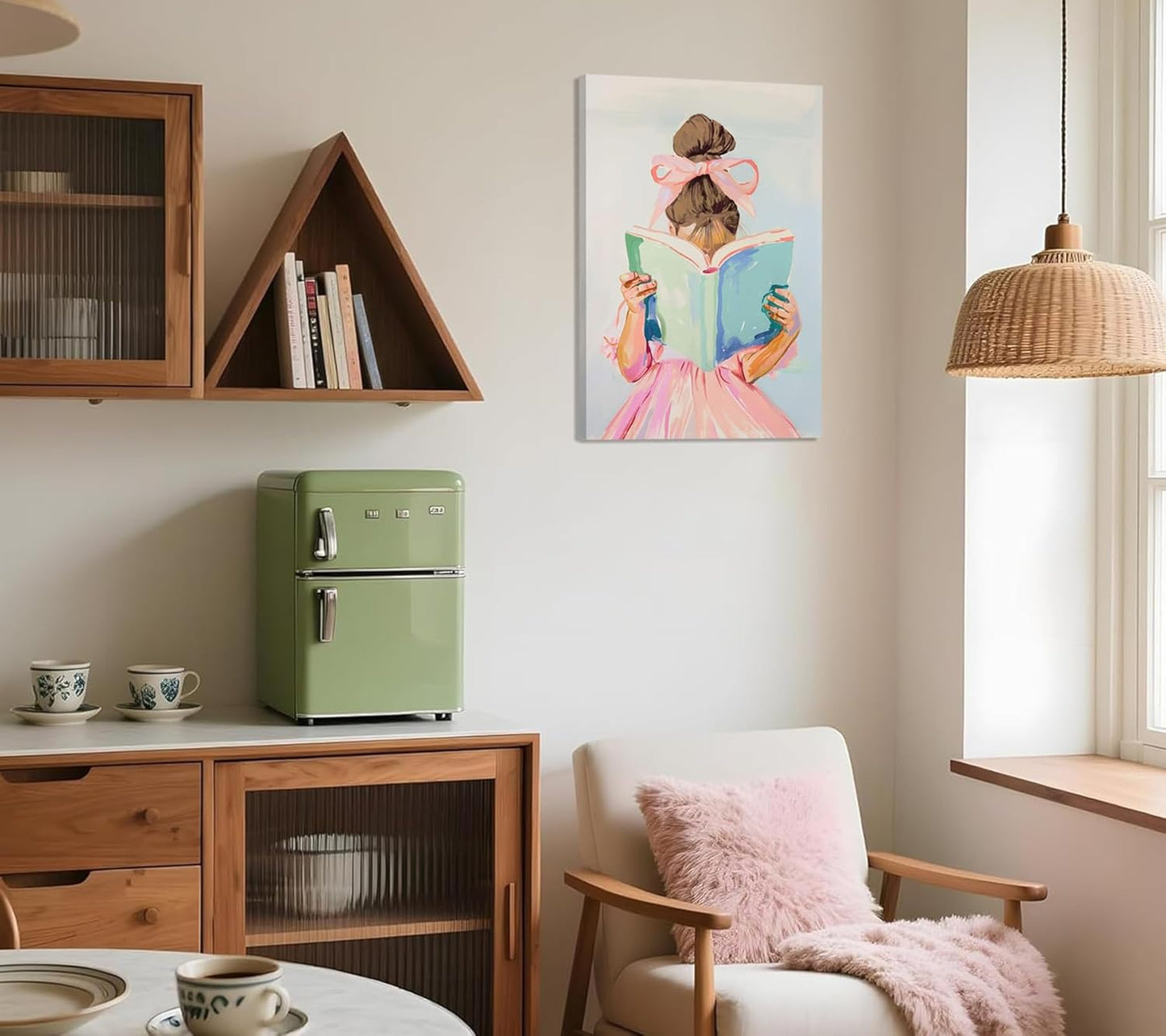 Brown hair girl reading book canvas wall art children reading wall decor picture Pastel little girl poster print pink bow aesthetic artwork for gallery library reading nook decoration,16x24in