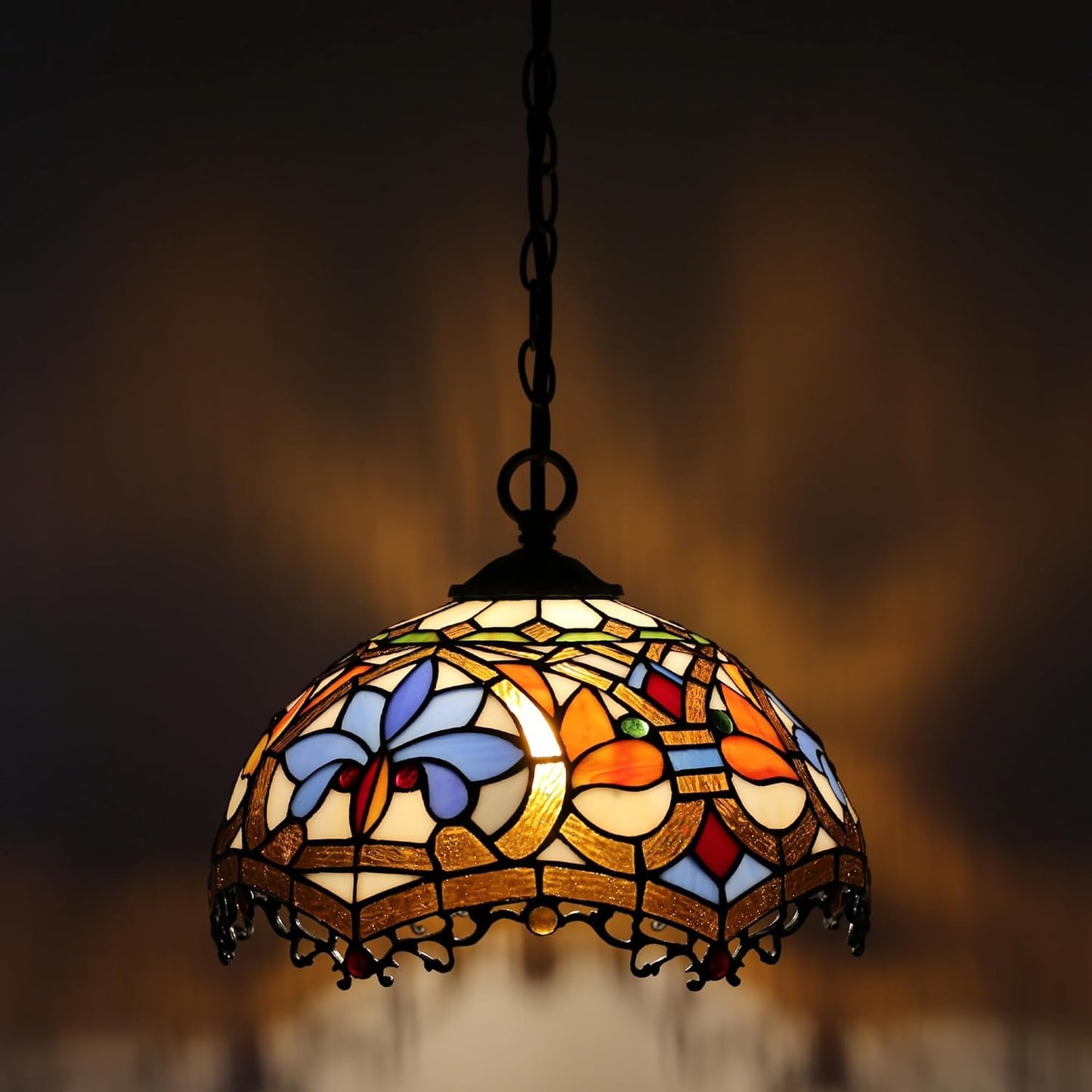 Tiffany Pendant Light Plug-in Stained Glass Hanging Lamp 12”x12”x181” Yellow Phoenix Tail Swag Light Vintage Lamp Decorative Lighting for Dining Room Living Room Kitchen Hallway