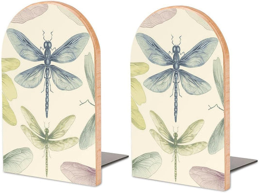 Dragonfly Drawing Bookend for Shelves Wooden Book End Large Size Sturdy Book Holders Stoppers with Metal Base for Bookshelves Slick Decorative Bookends Stands