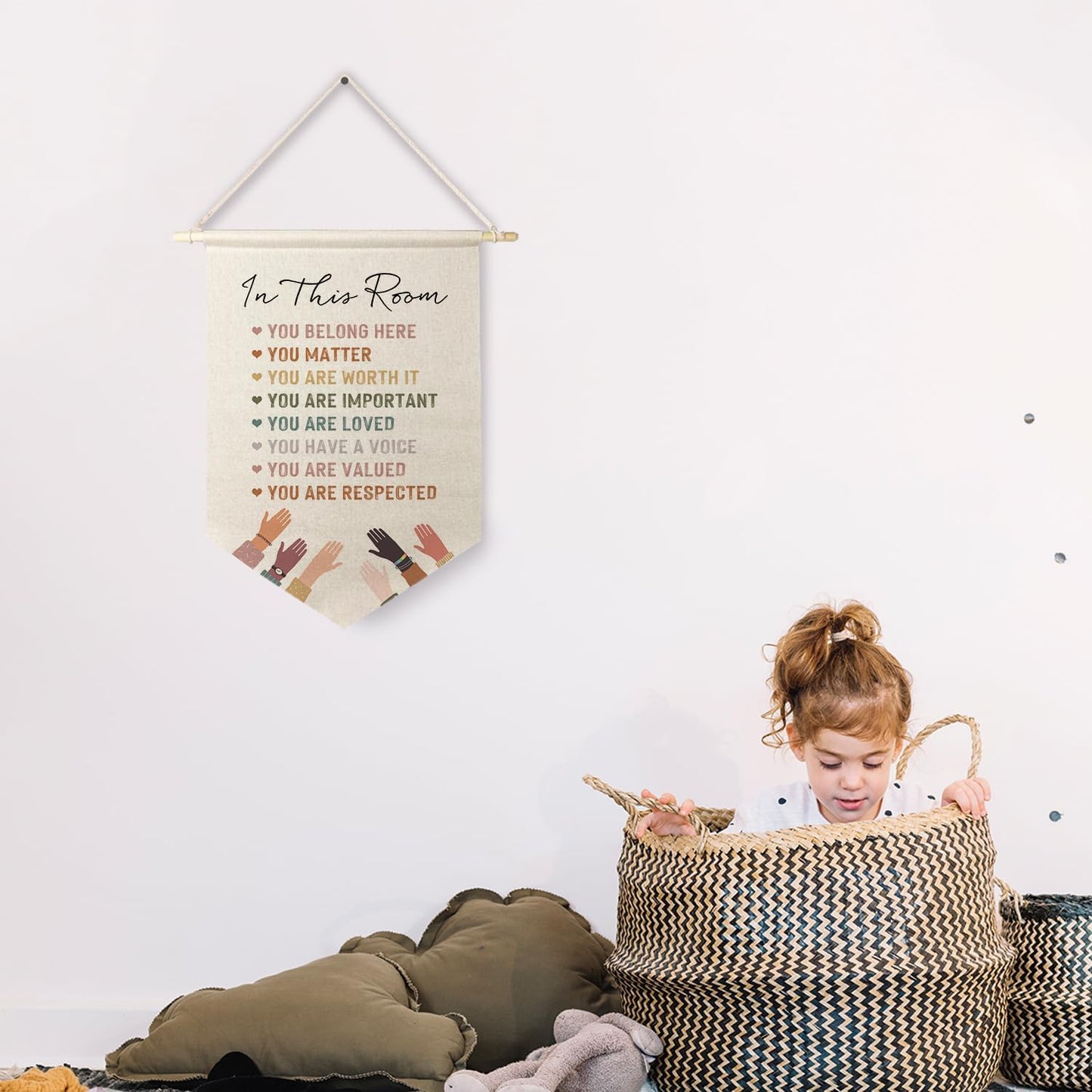 Qpenm Diversity Poster - Boho Classroom Decor, 'In This Room You Belong Here' Hanging Wall Canvas Banner, Inclusive Decor, Inspirational Pennant Flag Prints