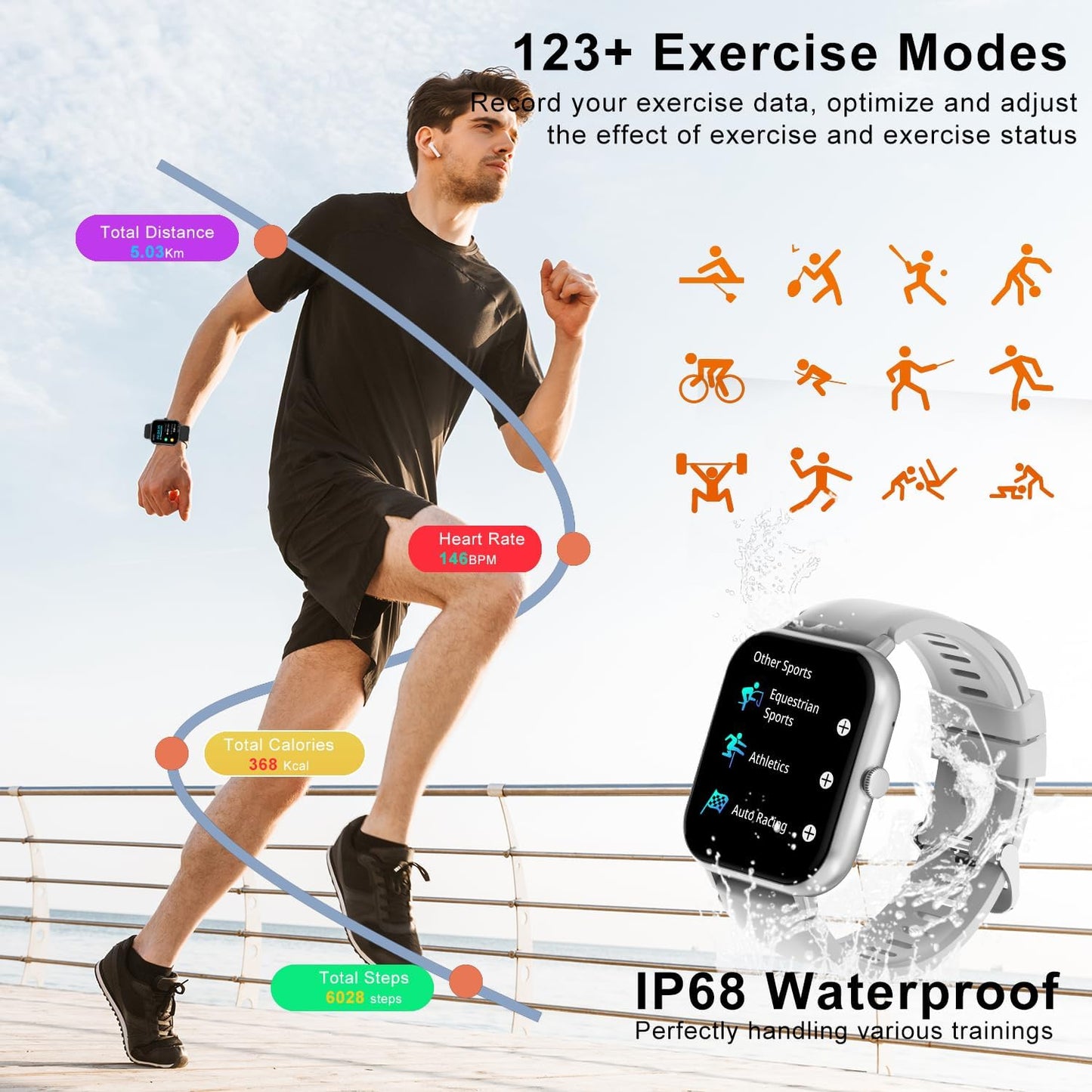 Smart Watch for Men Women Compatible with iOS Android Phone,1.83" Full Touchscreen IP68 Waterproof Smartwatch,Fitness Tracker with Make/Recive Call 123+ Sport Modes Heart Rate/Sleep Monitor