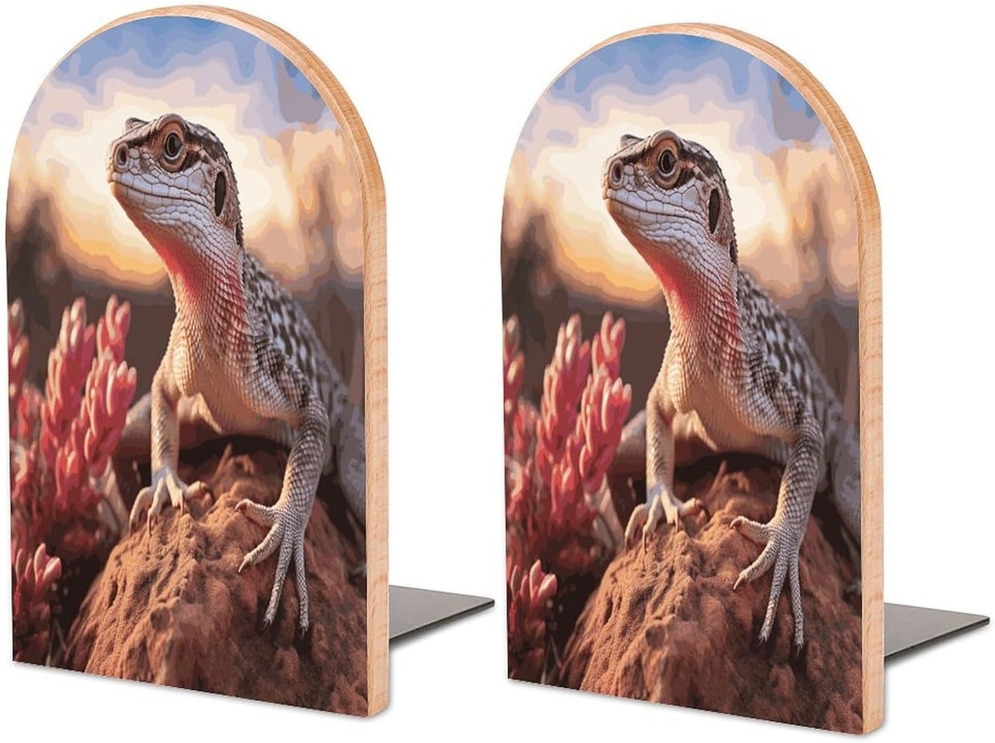 White Lizard Bookend for Shelves Wooden Book End Large Size Sturdy Book Holders Stoppers with Metal Base for Bookshelves Slick Decorative Bookends Stands