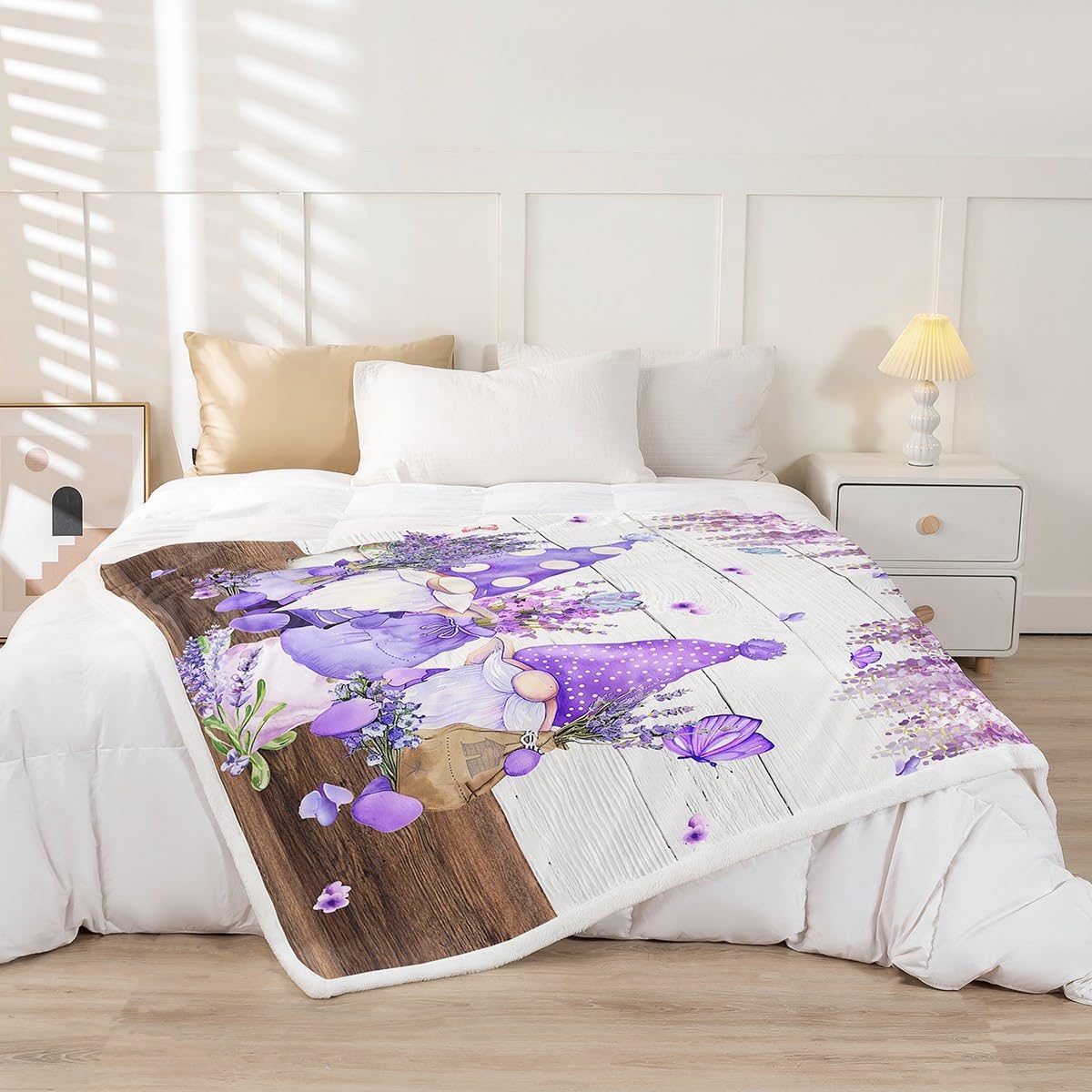 Manfei Cute Gnomes Throw Blanket Purple Vine Flower Butterfly Blanket for Couch Sofa, Lavender Bouquet Bed Blanket for Kids Boys Girls, Soft and Breathable Fleece Blanket(50 x 60 Inches)