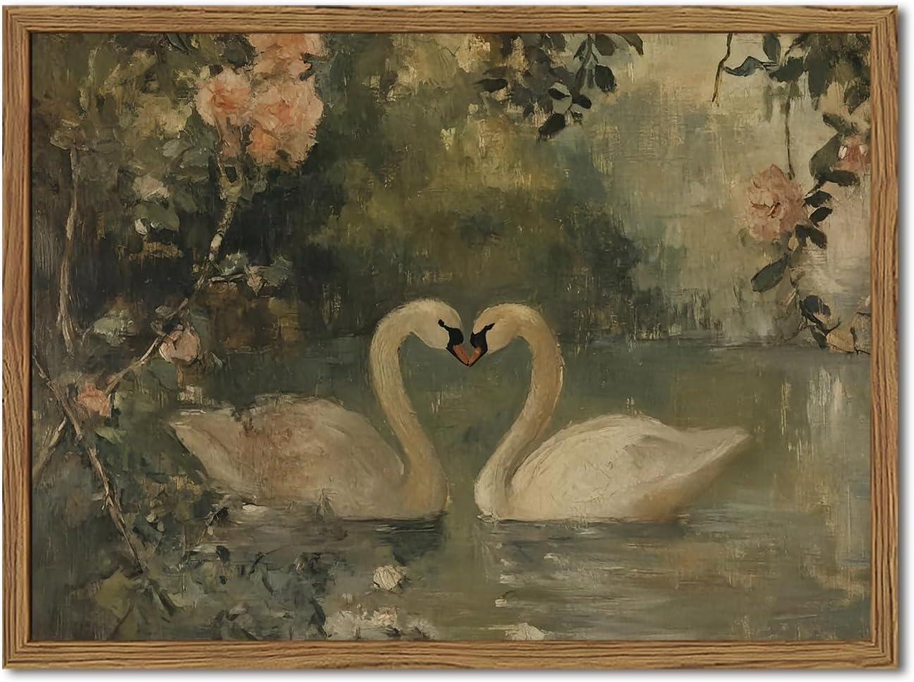Framed Vintage Swan wall art, Rustic Romantic White Swan Pictures Wall Decor, Cottagecore Farmhouse Animal Paintings Canvas Prints Aesthetic Home Decor for Living Room Bedroom Bathroom 8x10 inch