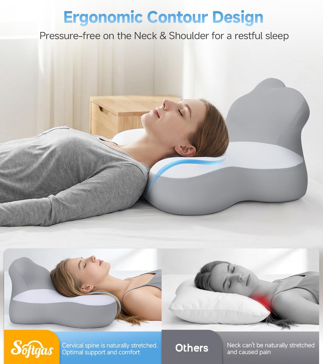 Reading Pillow for Bed, Memory Foam Bed Wedge Pillow with Neck,Chin & Back Support for Lying, Leaning, and Prone, Ergonomic Cervical Neck Pillows, Reading Wedge Pillow for Headboard (Grey)
