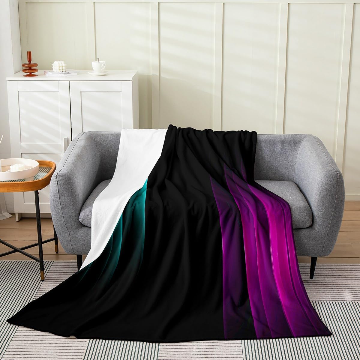 Feelyou Purple Teal and Black Geometric Ombre Fleece Throw Blanket Twin 60"x80" Boys Abstract Striped Flannel Blanket for Kids Women Men Ultra Soft Lightning Plush Blanket Fuzzy Blanket