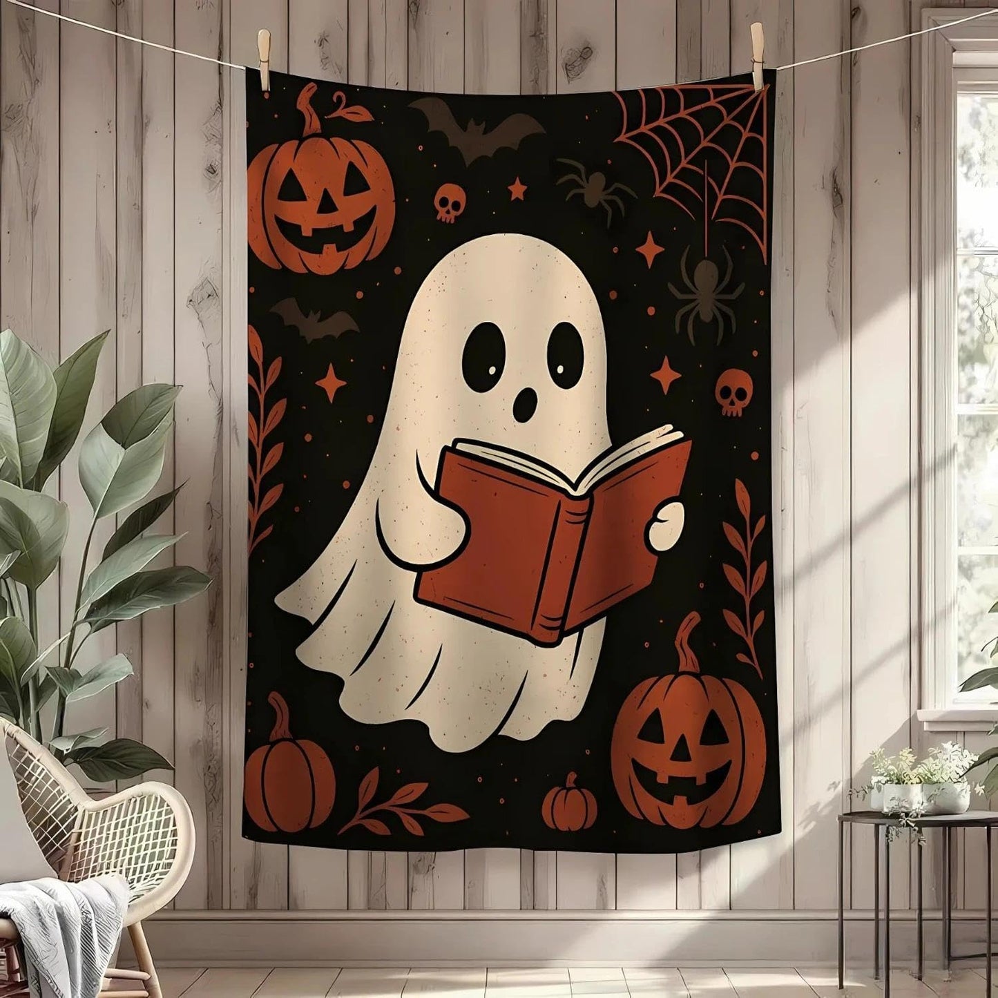 Ghost Reading Blanket 60×50 Inch – Halloween Cozy Soft Throw Blanket with Cute Ghost and Pumpkin Design, Spooky Halloween Decor for Bedroom, Living Room, Sofa, Couch