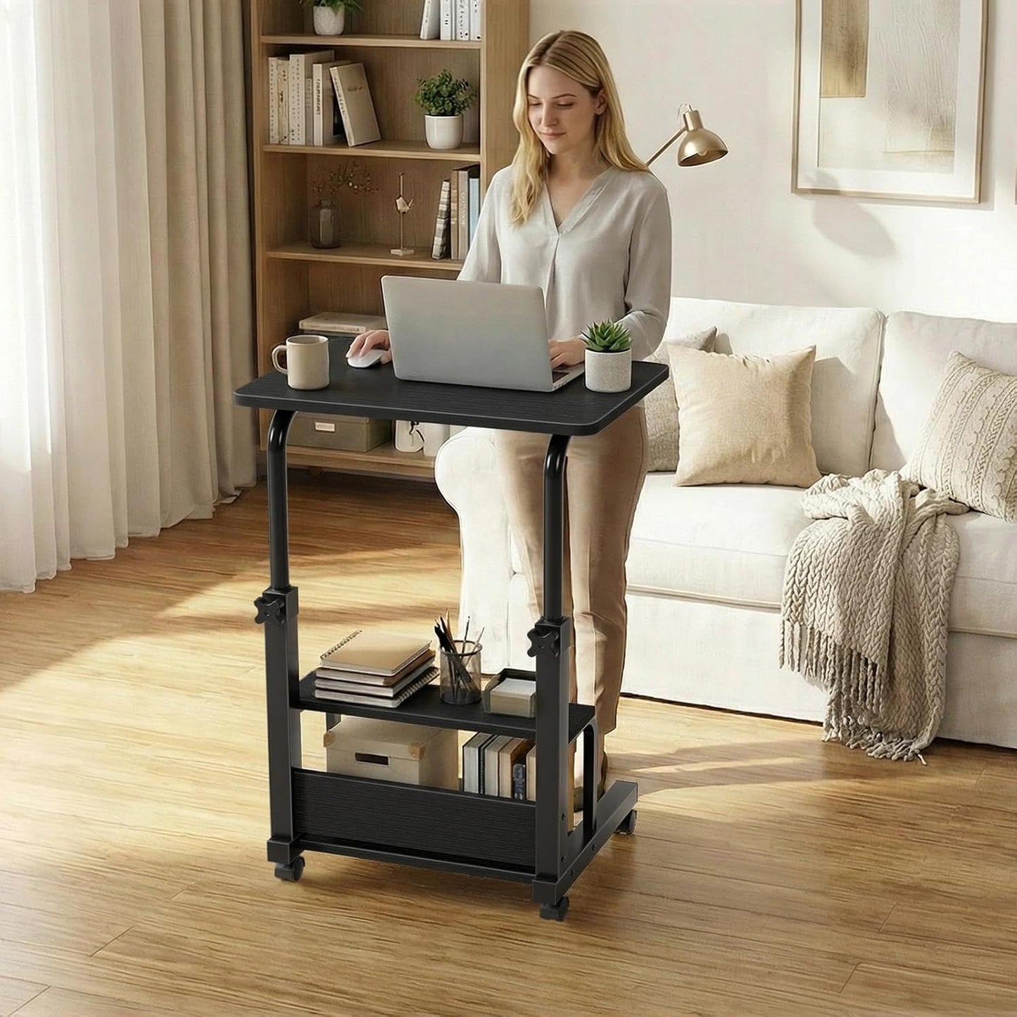 Small Rolling Desk for Small Spaces - 24" Portable Standing Desk with Wheels, Height Adjustable C Shaped Side Table Mobile Laptop Desks with 2-Tier Storage Shelves for Bed Sofa, Black