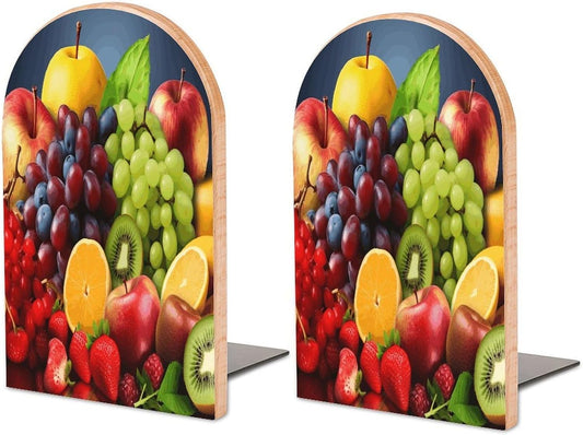 Fruits Bookend for Shelves Wooden Book End Large Size Sturdy Book Holders Stoppers with Metal Base for Bookshelves Slick Decorative Bookends Stands