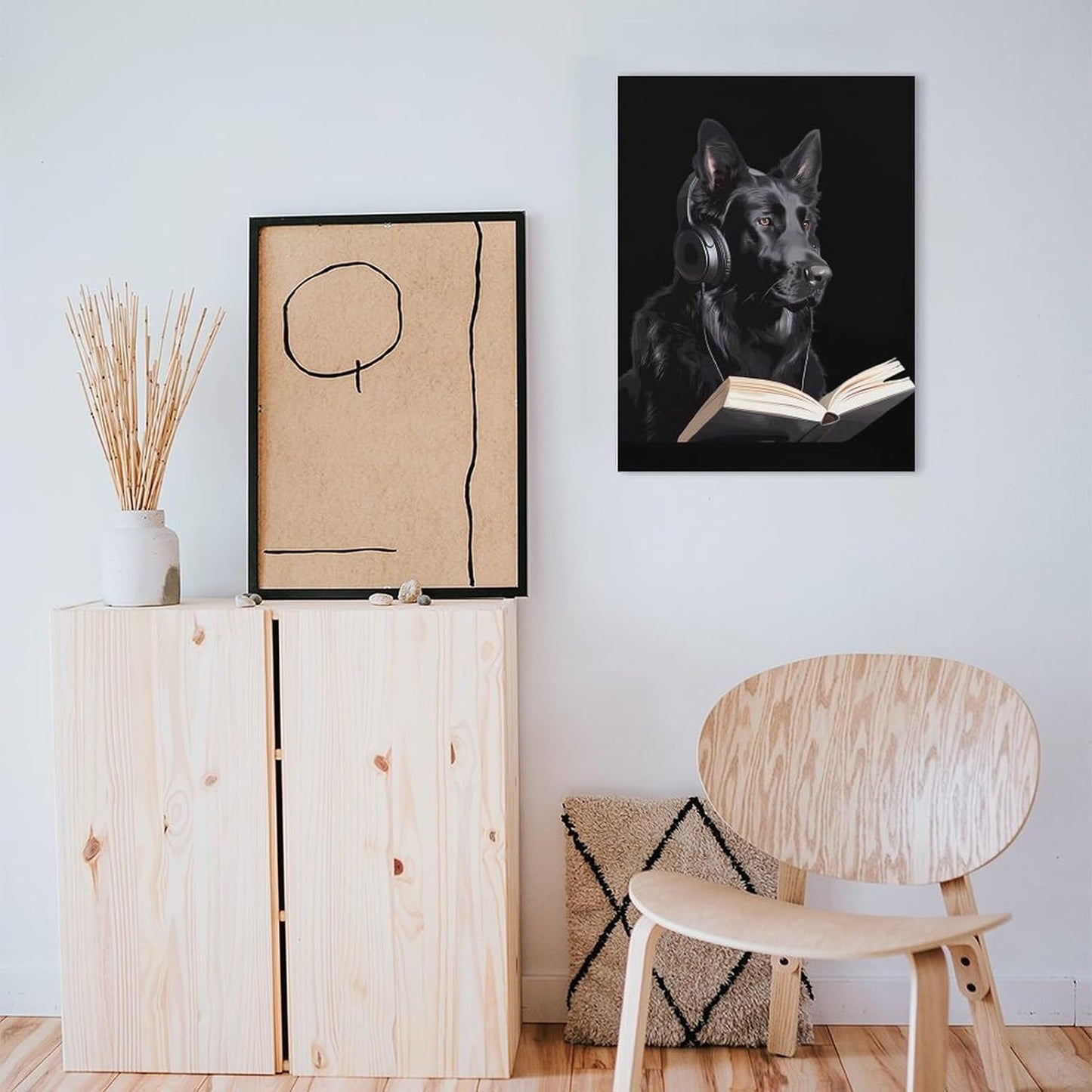 German Shepherd Wearing Headphones Reading Funny Canvas Poster Vertical Wall Art Artwork Picture Hanging Prints Painting Decoration for Living Room Home