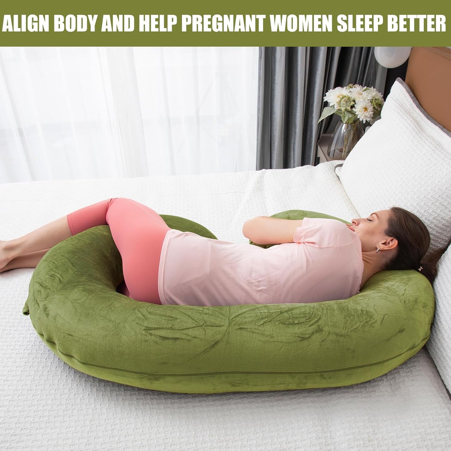 Pregnancy Pillow, C Shaped Full Body Pregnant Women Sleeping Pillow for Maternity Support with Cover (Green)