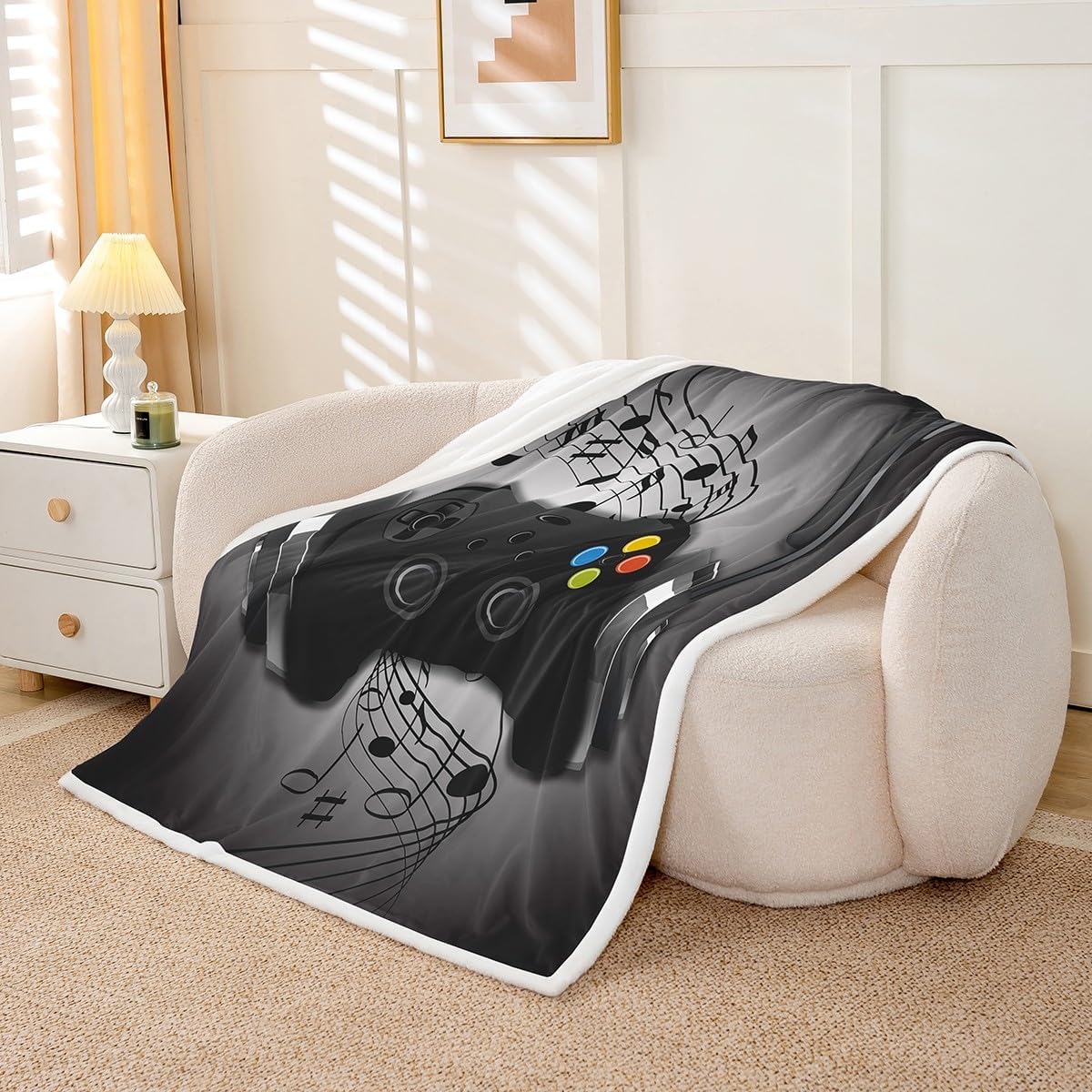Gamepad Fleece Throw Blanket Video Game Blanket Game Controller Sherpa Blanket for Couch Sofa Chair Teens 90's Gamer Room Decor Soft Warm Fuzzy Plush Cozy Bed Blankets Music Headphone Throw 60"x80"