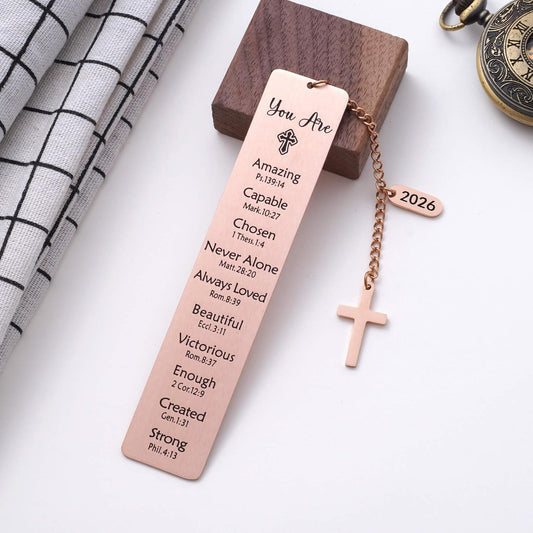 Christian Metal Bookmark with Bible Verses, Faith-Based Gift with 2026 Charm, Faith Affirmation Gift, Motivational Religious Scripture Reading Accessory for Women Men, Rose Gold
