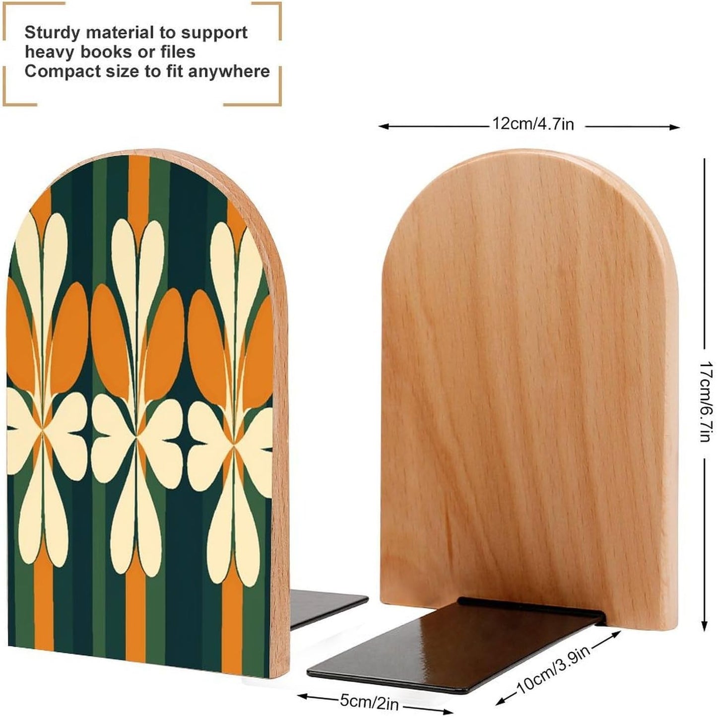 Non-Slip Bookend for Shelves Repeating Pattern Wooden Bookends with Metal Base Decorative Book Stopper for Home Heavy Duty Wood Book Storage for Books/CDs