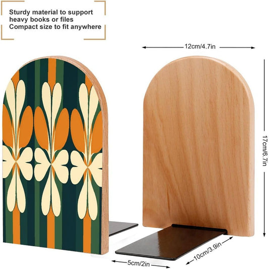Non-Slip Bookend for Shelves Repeating Pattern Wooden Bookends with Metal Base Decorative Book Stopper for Home Heavy Duty Wood Book Storage for Books/CDs