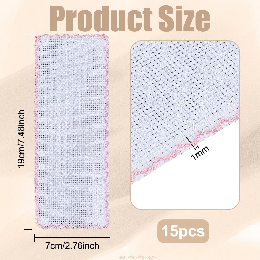 BENECREAT 15Pcs White Cross Stitch Bookmarks, 7.5x2.8 Inch Blank Cotton Embroidery Bookmarks with Pink Stitching Trim for Needlework, DIY Art Crafts, Sewing Projects
