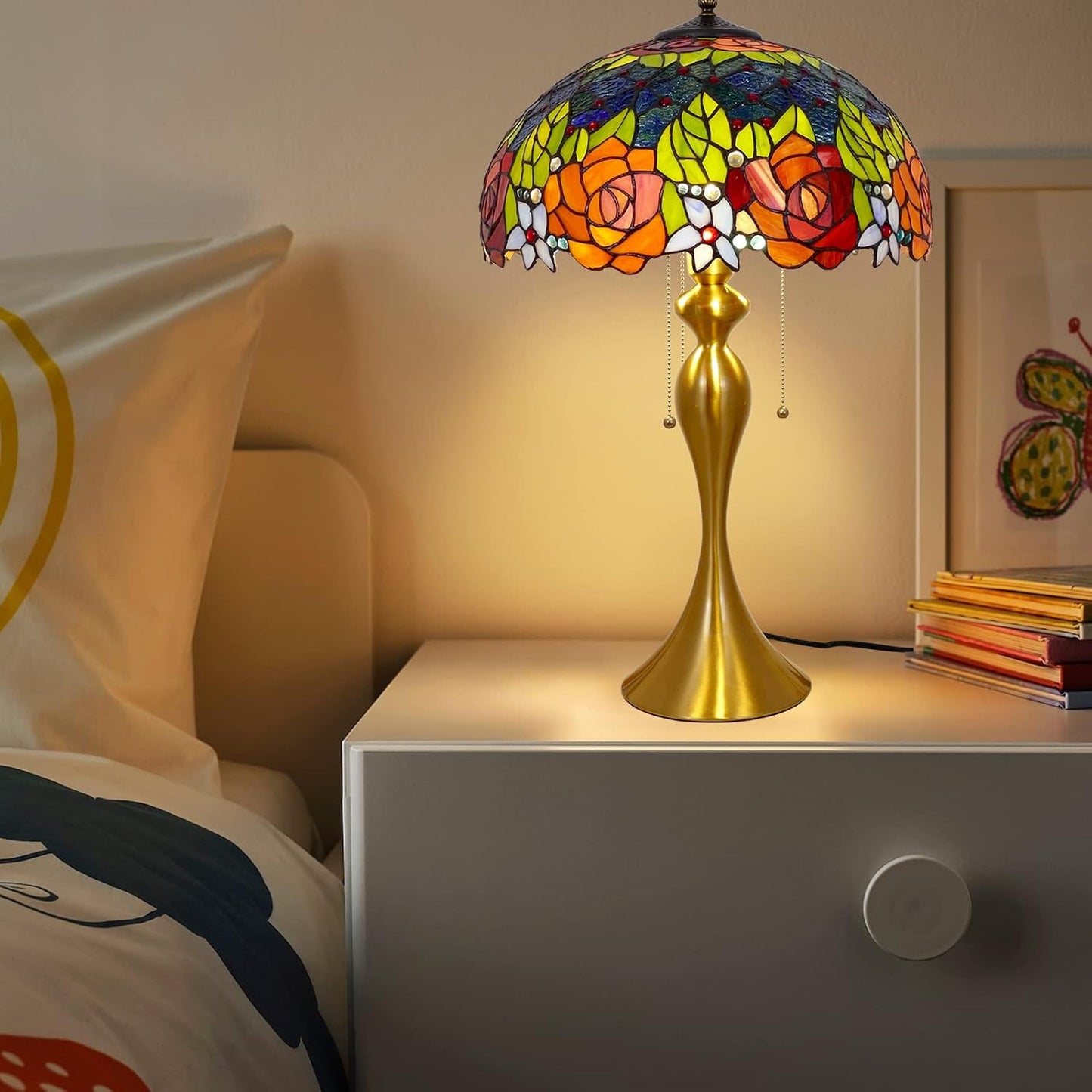 Tiffany Table Lamp Handmade Stained Glass Desk Lamps Gifts Iron Art Base 16" Wide 24" Tall Double Color Roses Style Vintage Reading Lamp for Office, Living Room, Bedroom, Study Room