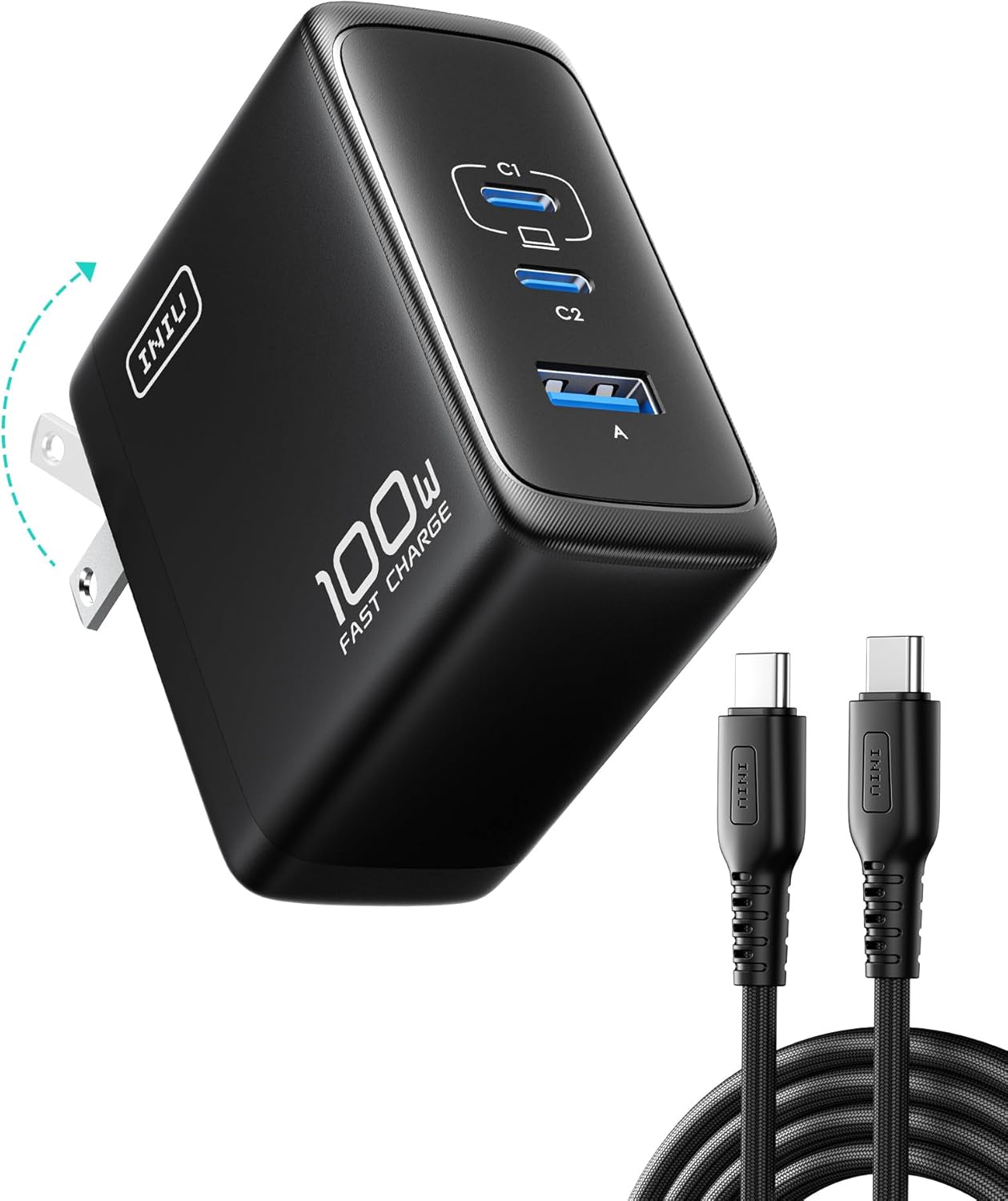 INIU for MacBook Pro Charger, 100W GaN Tech Fast Charging, 3-Port Compact Foldable Charger with USB C Cable, Power Adapter for Mac Book, iPhone 17, Samsung S25, Switch, Photographers, Outdoor, Travel
