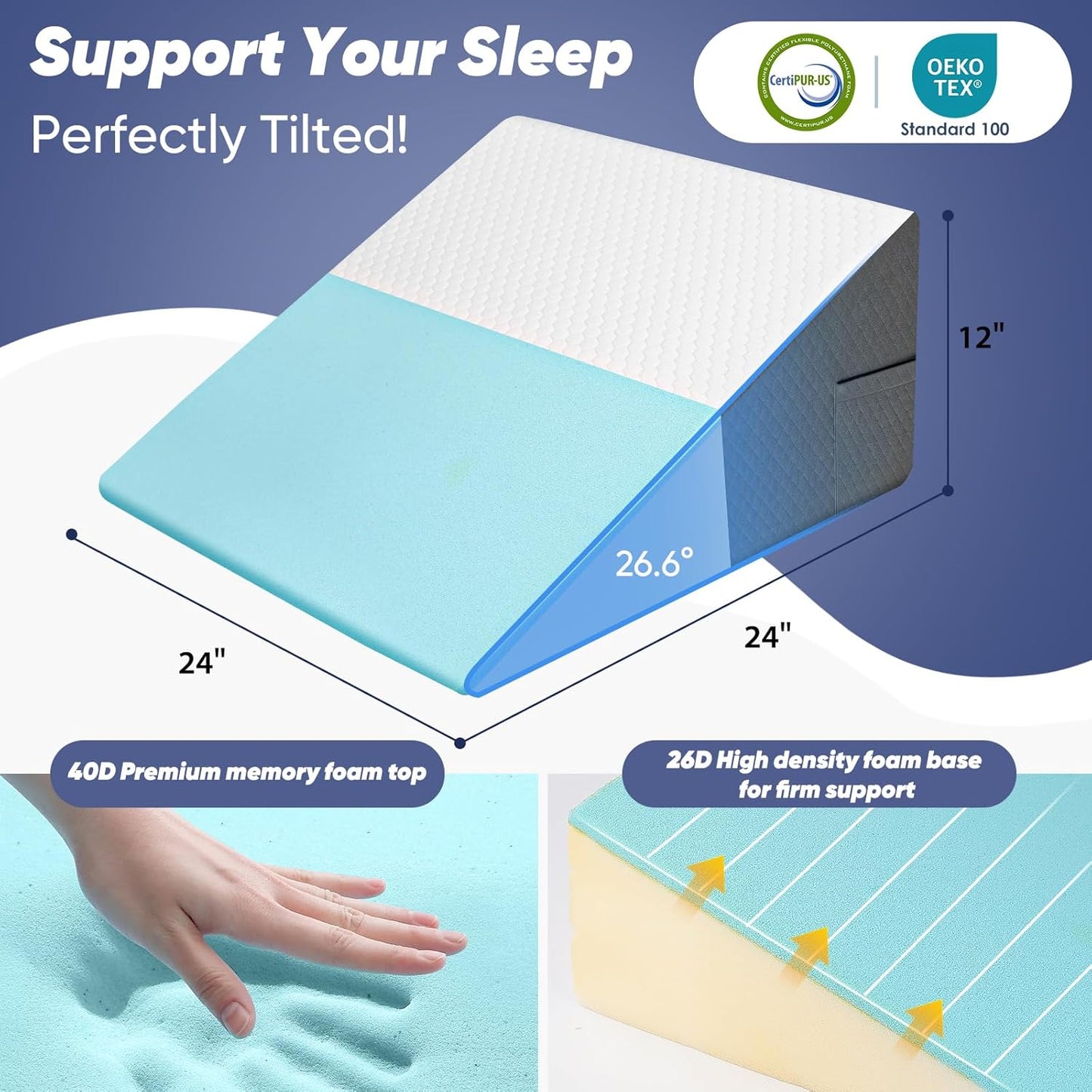 12 inch Bed Wedge Pillow for Adults Seniors, Cooling Memory Foam Incline Pillow for Sleeping, Reading & Resting, Back Support and Leg Elevation, Ideal for Couch, Bedroom & Living Room