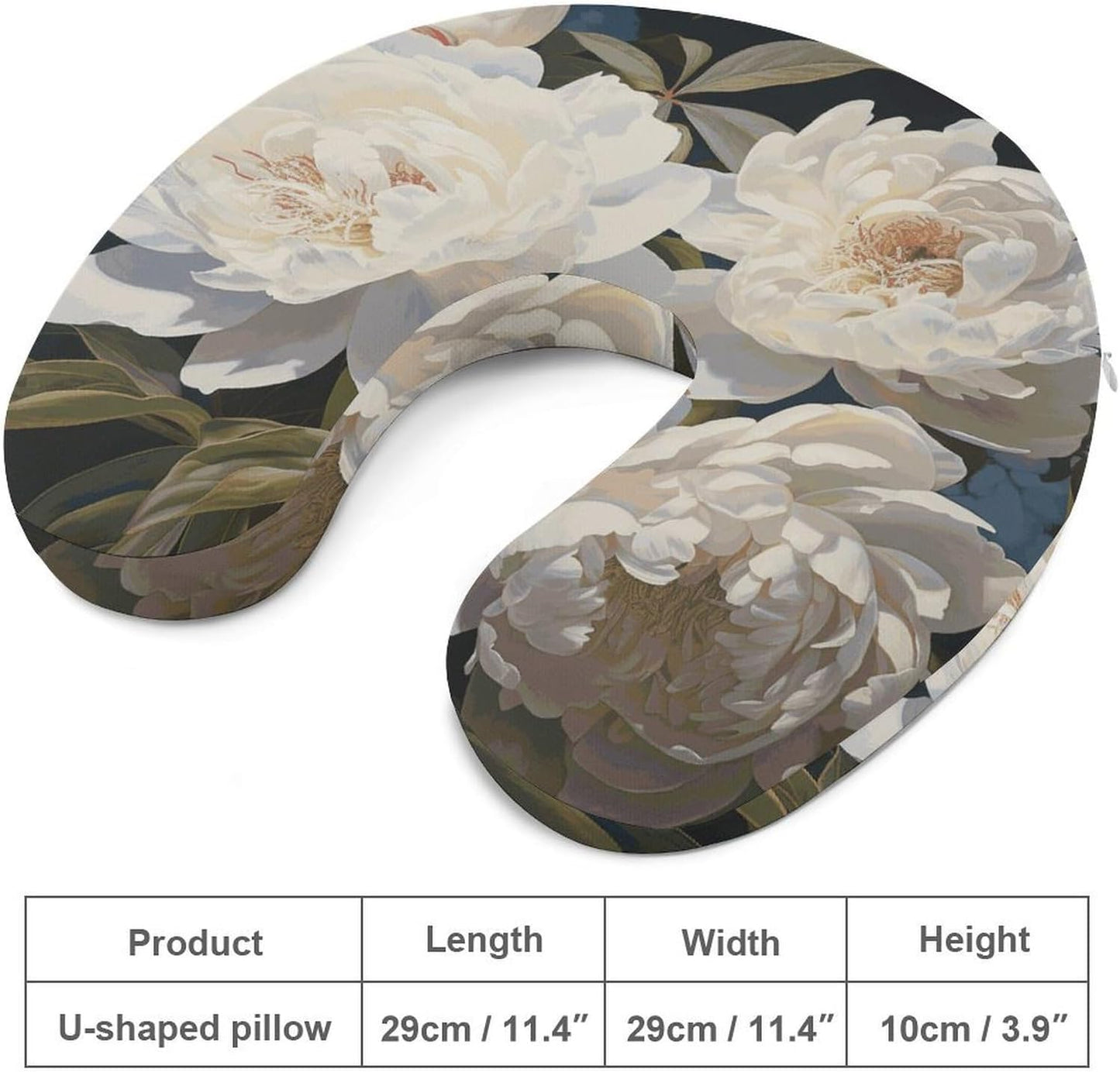 White Peony Neck Pillow Memory Foam U Shaped Pillows Portable Pillows for Shoulder Travel Head Support Pillow with Concealed Zipper for Airplane Car Home Office