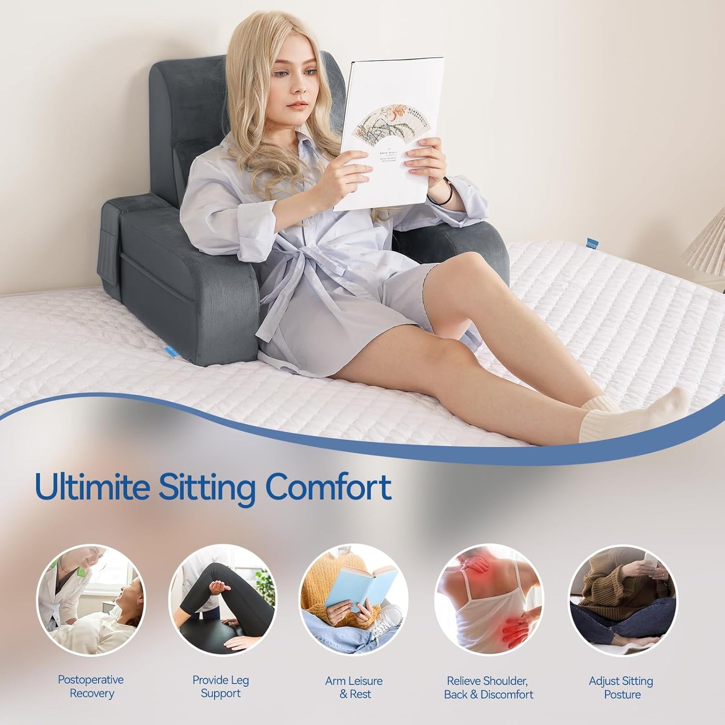 Kayfia Reading Pillow, 10 in 1 Back Pillow for Bed Sitting up with Detachable Arms Rest, Back Rest with Gel Memory Foam, Reading/Gaming/Working in Bed or Couch 19", Gray
