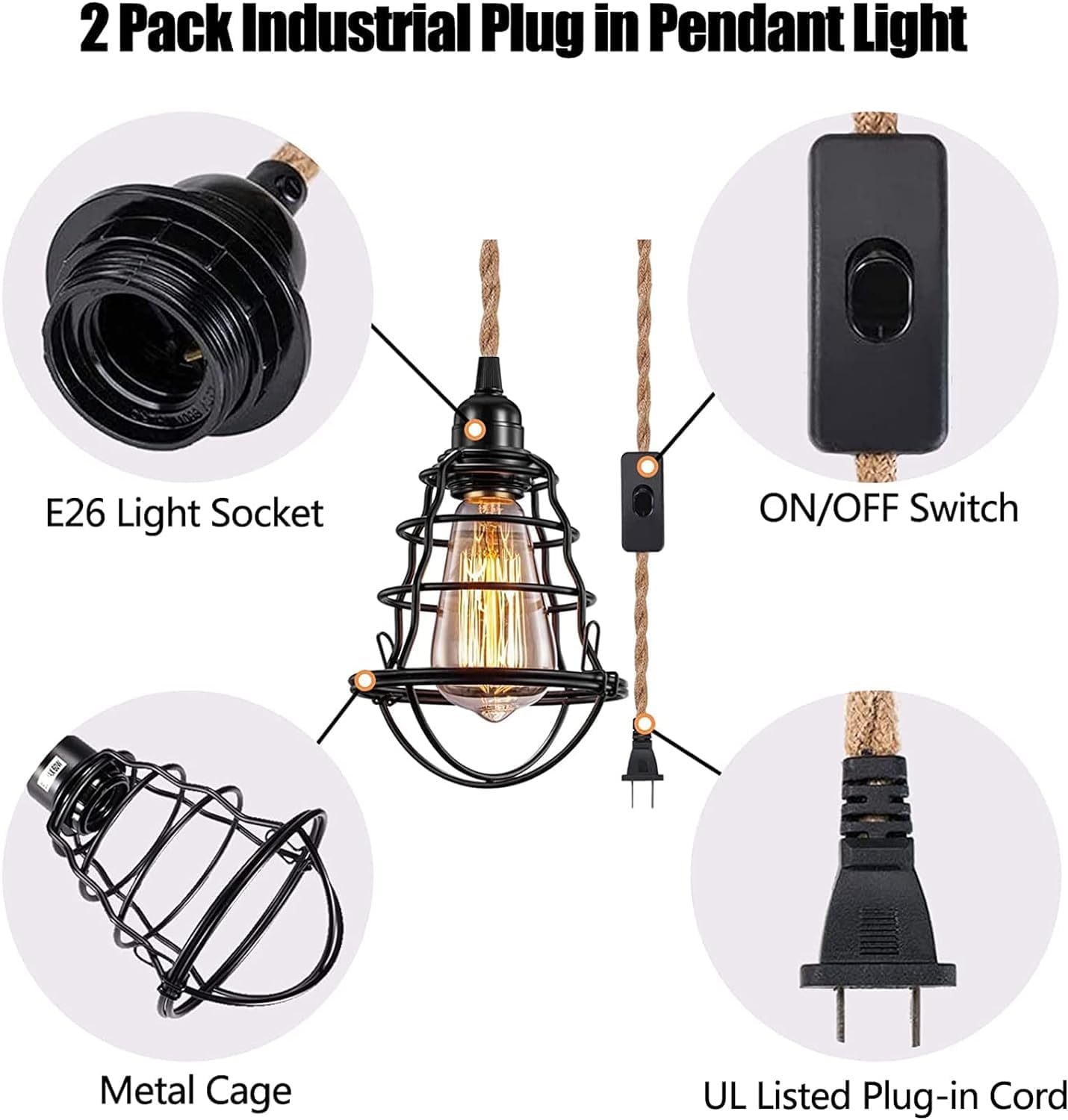 Asnxcju Industrial Plug in Pendant Light, Vintage Hanging Lights with Plug in Cord, Metal Cage Hanging Lamp with 13ft Hemp Rope Plug in Pendant Lighting Fixture On/Off Switch 2 Pack