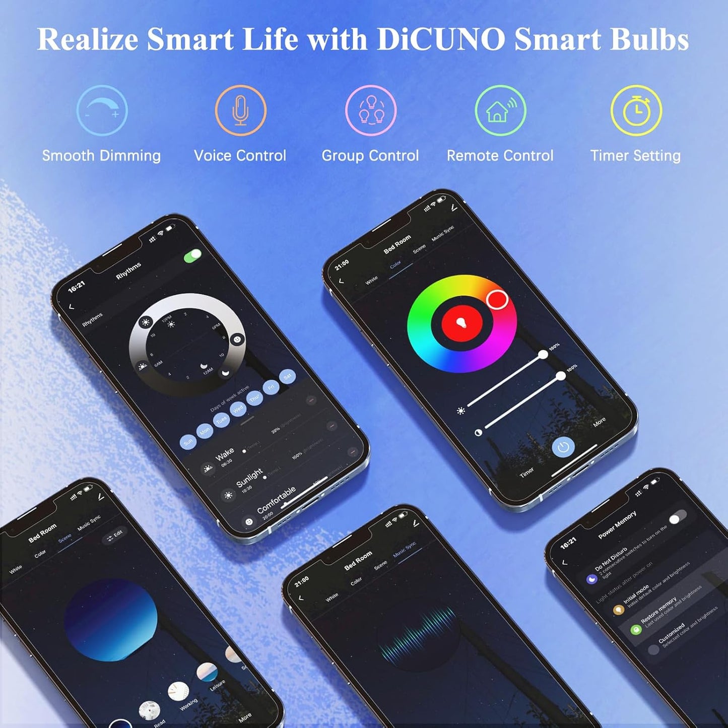 DiCUNO Smart Light Bulbs, Wi-Fi Bluetooth LED Lights, Multi Colors Changing Bulb RGBCW Dimmable, Works with Alexa, Google Home Assistant, No Hub Required, A19 E26 9W 800LM 2.4Ghz only, 2 Pack