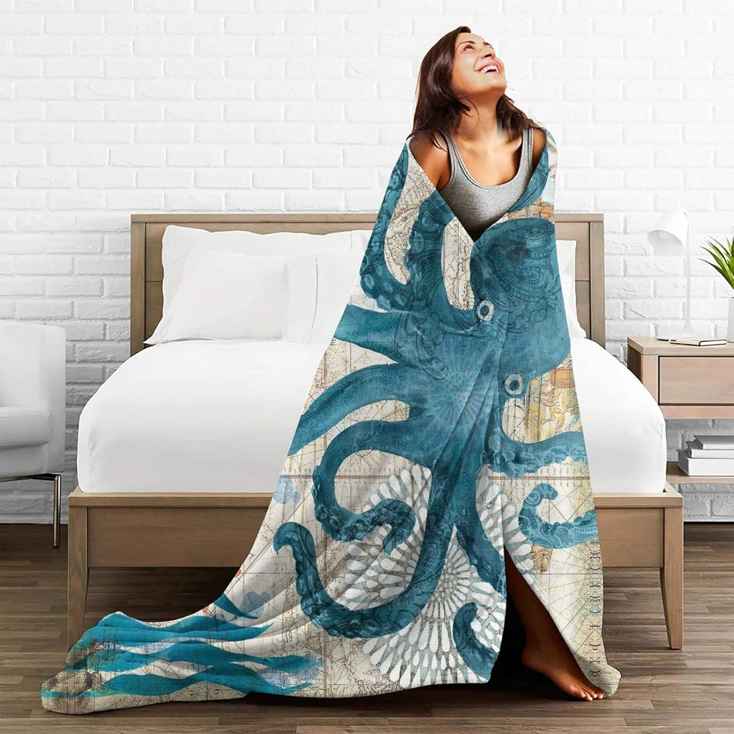 Blue Octopus Nautical Map Fleece Throw Blanket Ultra Soft Cozy Decorative Flannel Blanket All Season for Home Bed Couch Chair Travel 80x60in