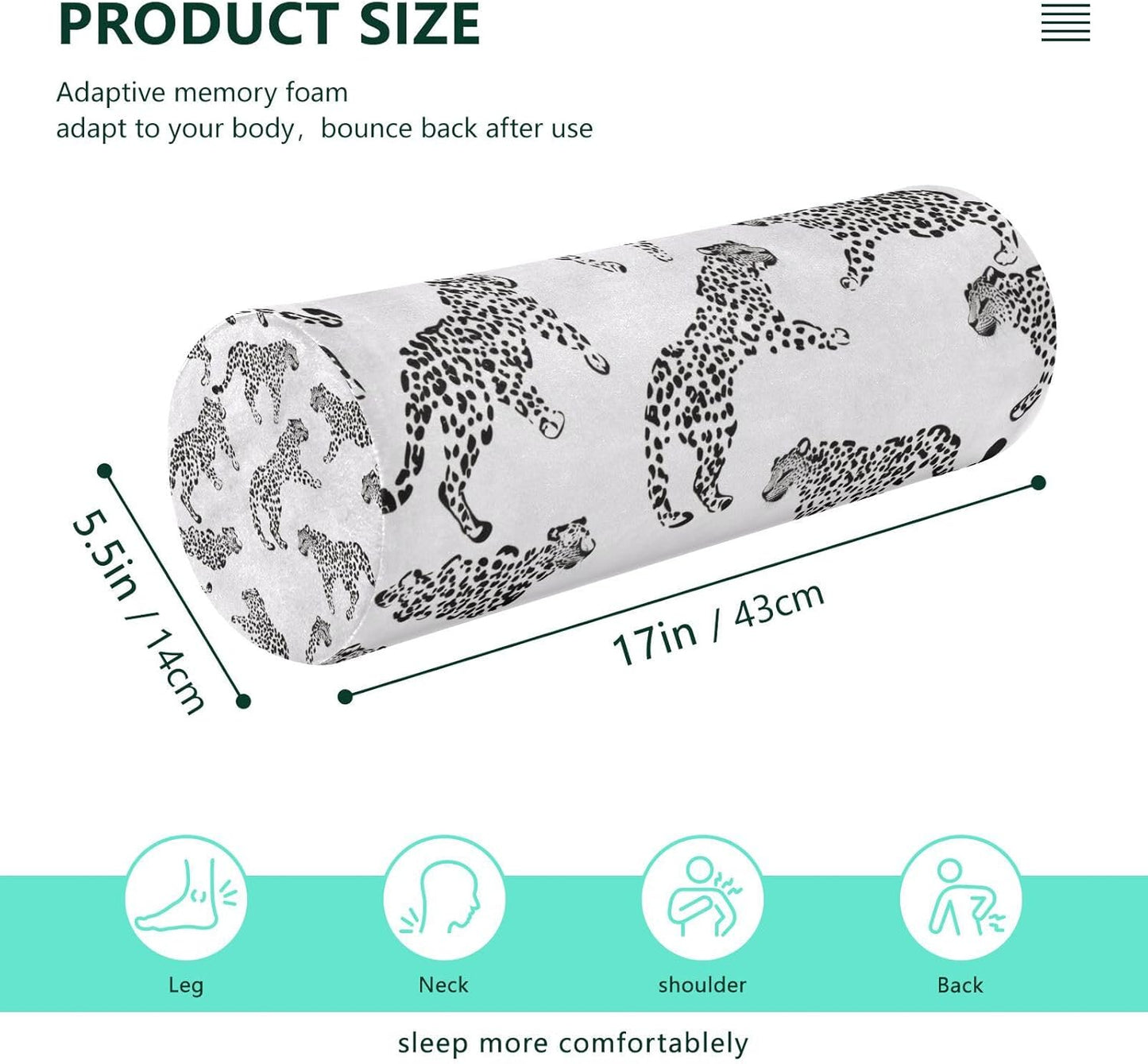 White Leopard Print Neck Roll Pillow - Extra Dense Memory Foam Round Cylinder Bolster for Cervical Support, Spondylosis, Neck Pain Relief