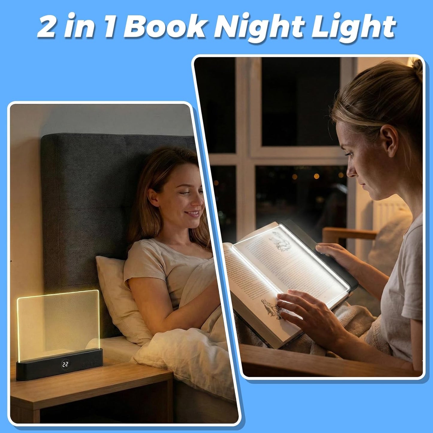 Book Light, Rechargeable Led Reading Light 3 Color Flat Book Lamp, Dimmable Panel Plate Lamp Book Full Page Light with Timer Stepless Gifts for Readers Women Men Reading in Bed at Night (Black)