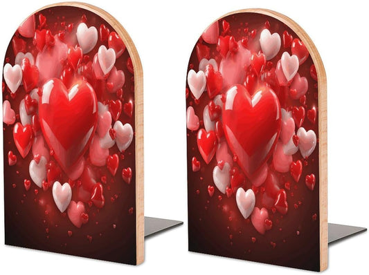 Love Red Hearts Bookend for Shelves Wooden Book End Large Size Sturdy Book Holders Stoppers with Metal Base for Bookshelves Slick Decorative Bookends Stands