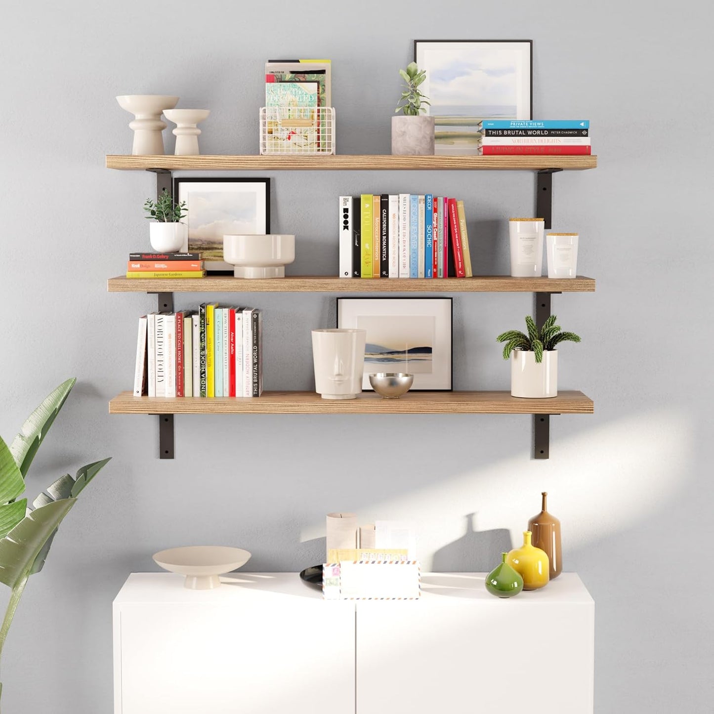 Wallniture Cervo 48" x 10" Rustic Wall Mounted Floating Shelves, Wall Bookshelf for Living Room Decor, Kitchen Shelves, Floating Shelf, Set of 3, Burnt