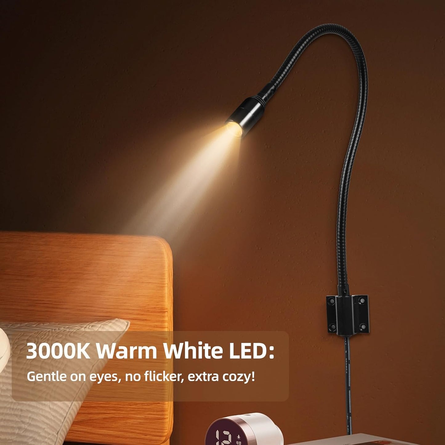 Reading LED Light for Bedside Bedroom Wall Mount Adjustable Gooseneck Black