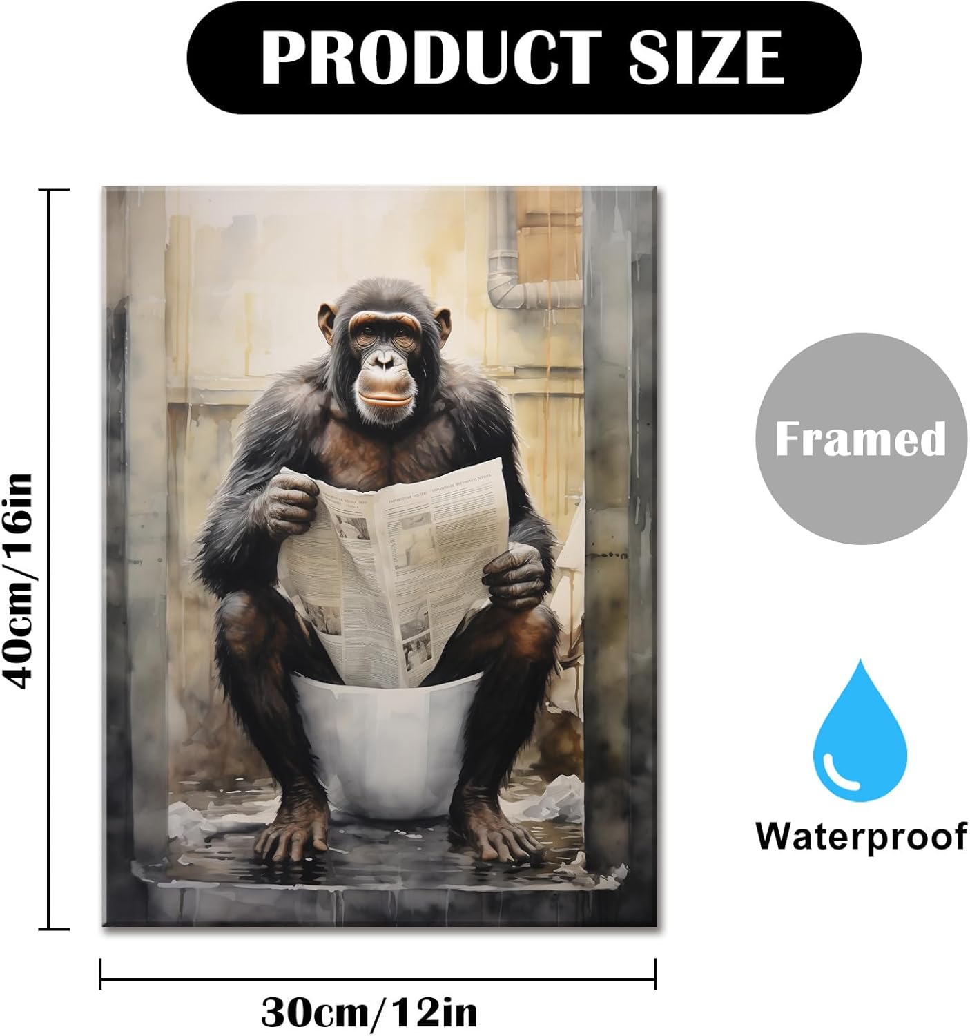Chimpanzee Framed Wall Art Funny Monkey Reading Newspaper Print Animal Lover Black and WhiteDecor for Bedroom Bathroom Modern Home Office Decoration Framed Ready to Hang 12"x16"
