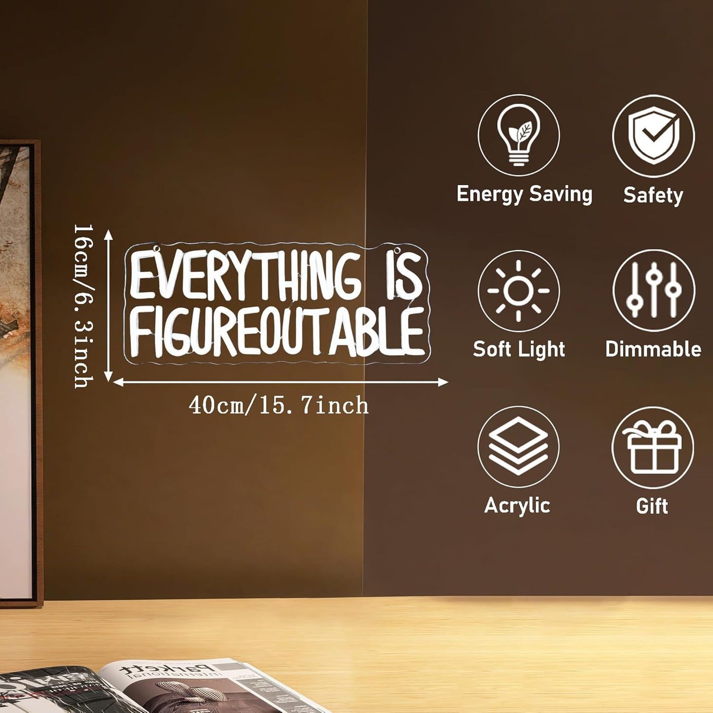 Mutank Everything is Figureoutable Neon Sign, USB Powered Dimmable LED Motivational Neon Light, for Inspirational Office Decor Workspace School Room Desk Wall Decor, Gift For Entrepreneur(15.7*6.2 in)