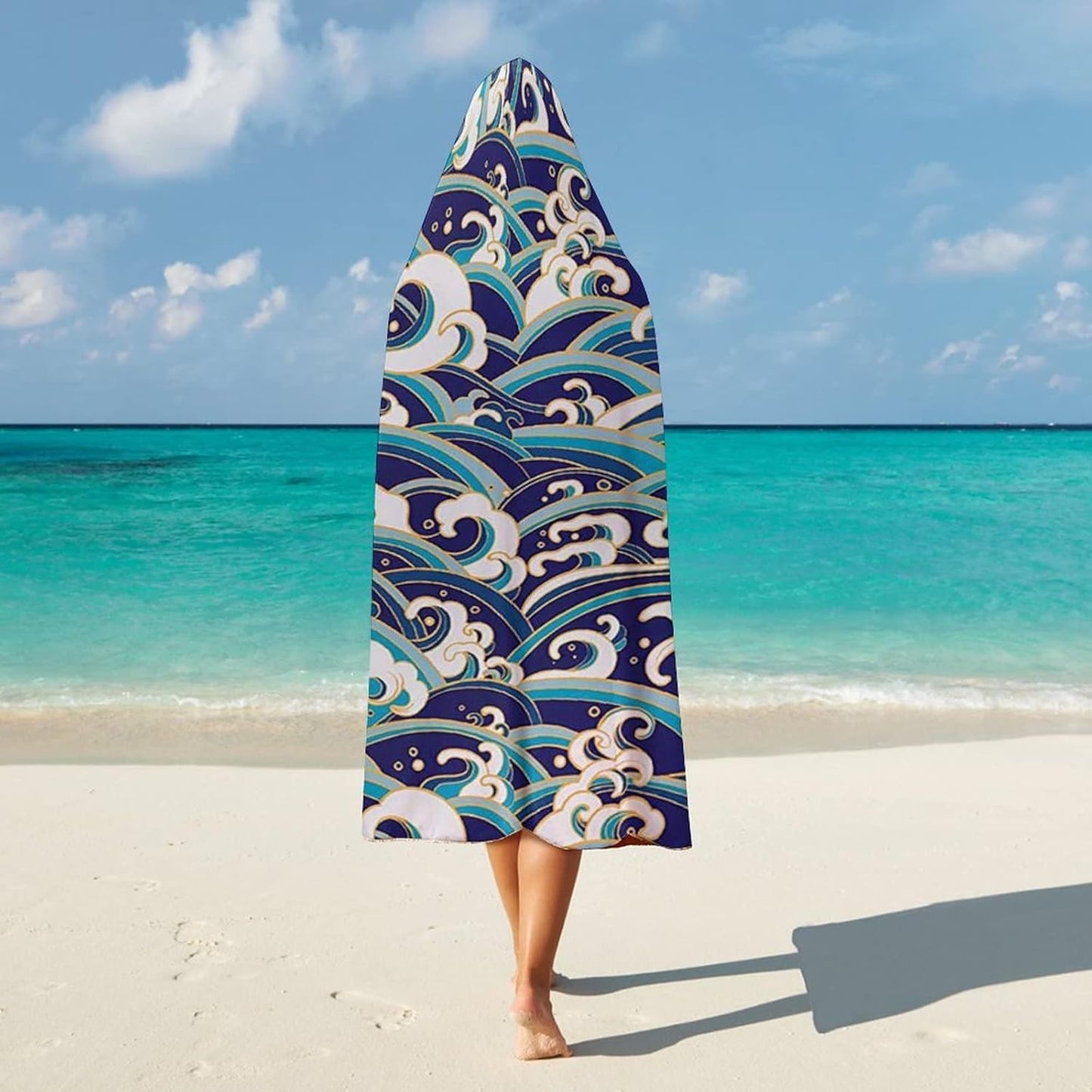 Throw Blankets, Nautical Women Men Hooded Blanket, Traditional Oriental Style Ocean Waves Pattern with, Soft Warm Cozy, 60 x 80inches, Studying Reading Snuggling Napping Office, Blue and White