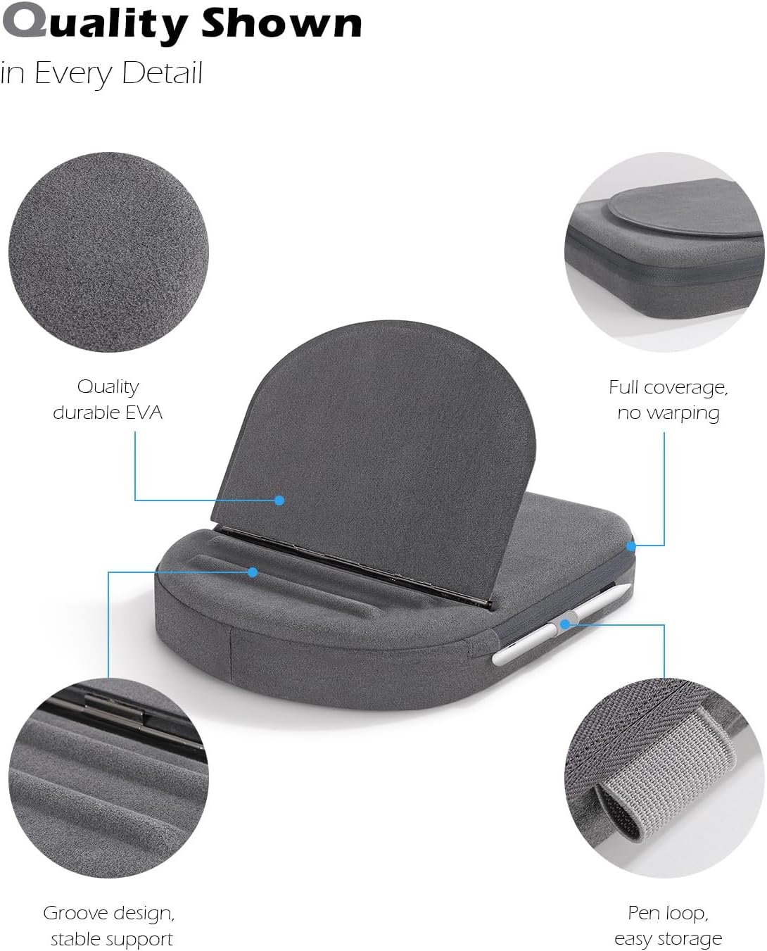 MoKo New Tablet Pillow Stand - Adjustable Viewing Angles Design, Tablet Pillow Holder for Lap/Bed/Desk, with Stylus Pen Holder, Compatible with iPad Pro 11/10.9/10.2 Up to 11", Phone, Book, Gray