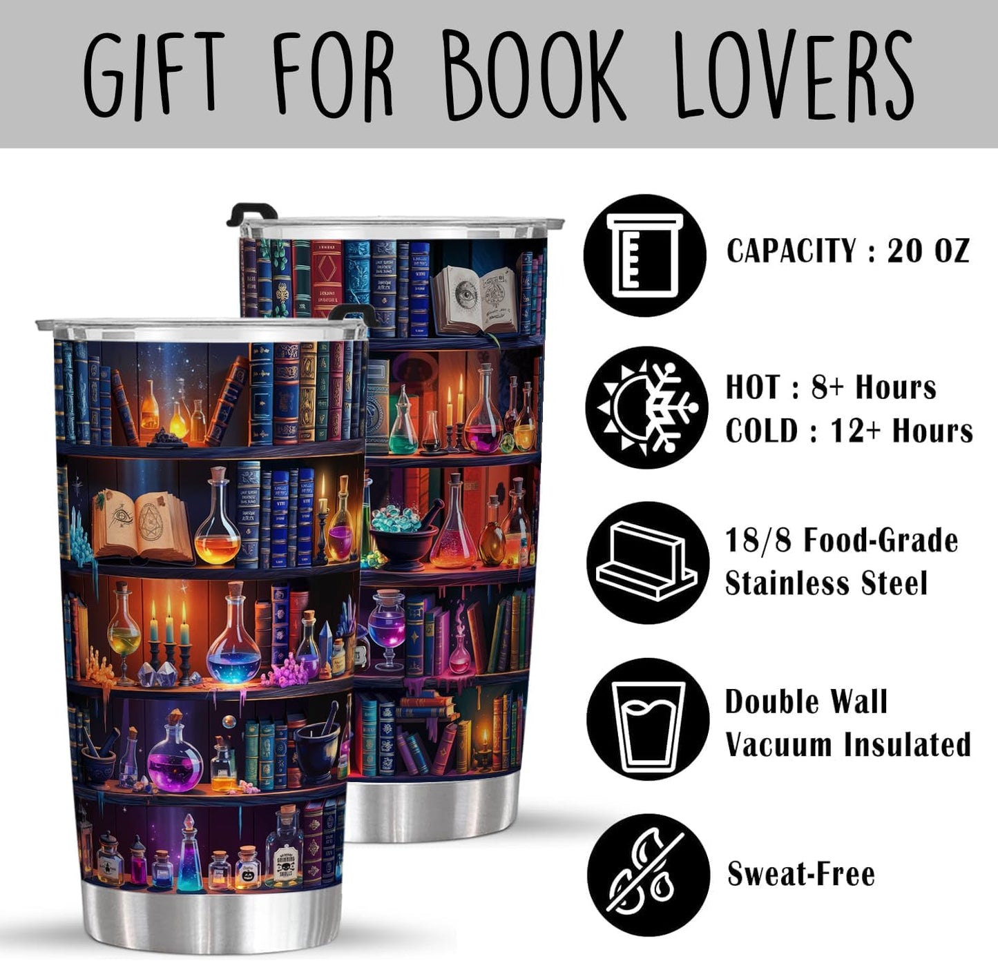 Book Lovers 20oz Stainless Steel Tumbler – Colorful Bookshelf Design Cup – Insulated Travel Mug with Lid – Gift for Readers, Fantasy Lovers, Halloween, Christmas