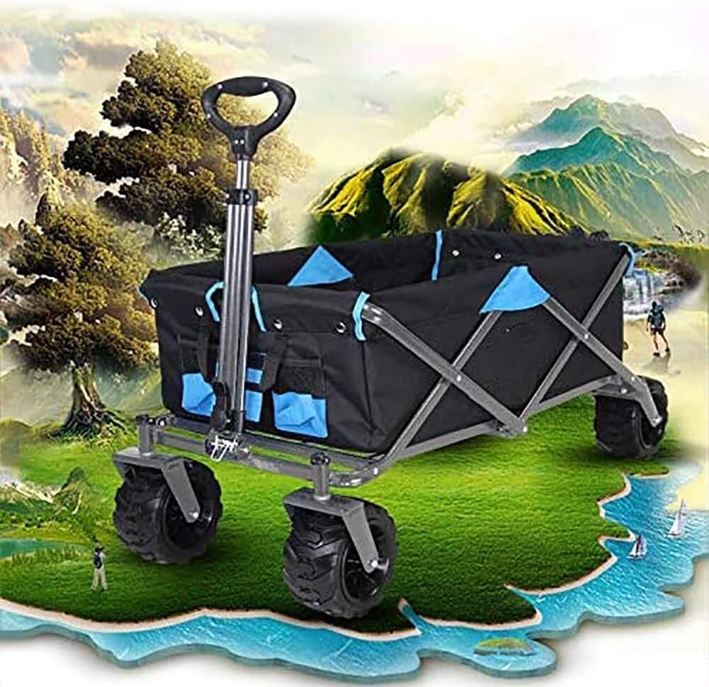 Foldable Wagon with All-Terrain PU Wheels, Telescopic Handle, Dual-Brake, Heavy Duty 80kg Capacity Garden Cart