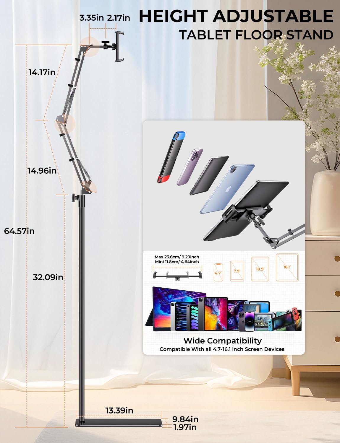 Tryone Tablet Floor Stand for Kindle Holder: E-Book Bed Mount with Page Turner Remote & Flexible Adjustable Arm, 1.85 kg Heavy-Duty Metal Base Compatible with Devices from 4.7-16.1 inches (Black)